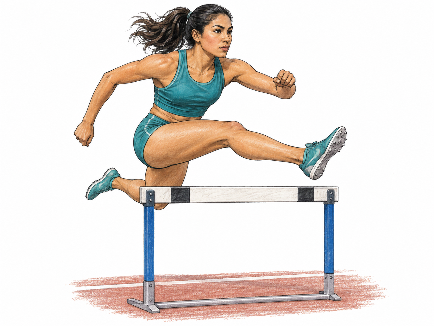 Trained athlete clears one hurdle with proper lead leg extended and trail leg bent, focused expression, only hurdle and small track mark on white, no number or branding.