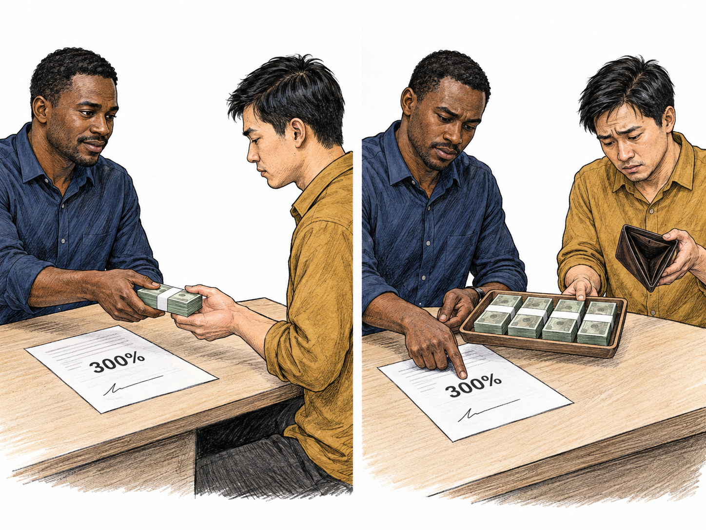 A moneylender advances a small amount, then demands repayment several times larger.