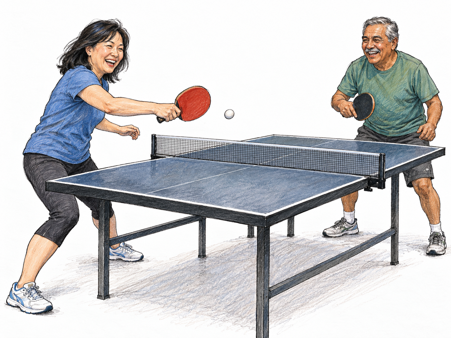 Two adults laughing during a playful table-tennis rally, making the activity visibly enjoyable rather than competitive or strenuous.