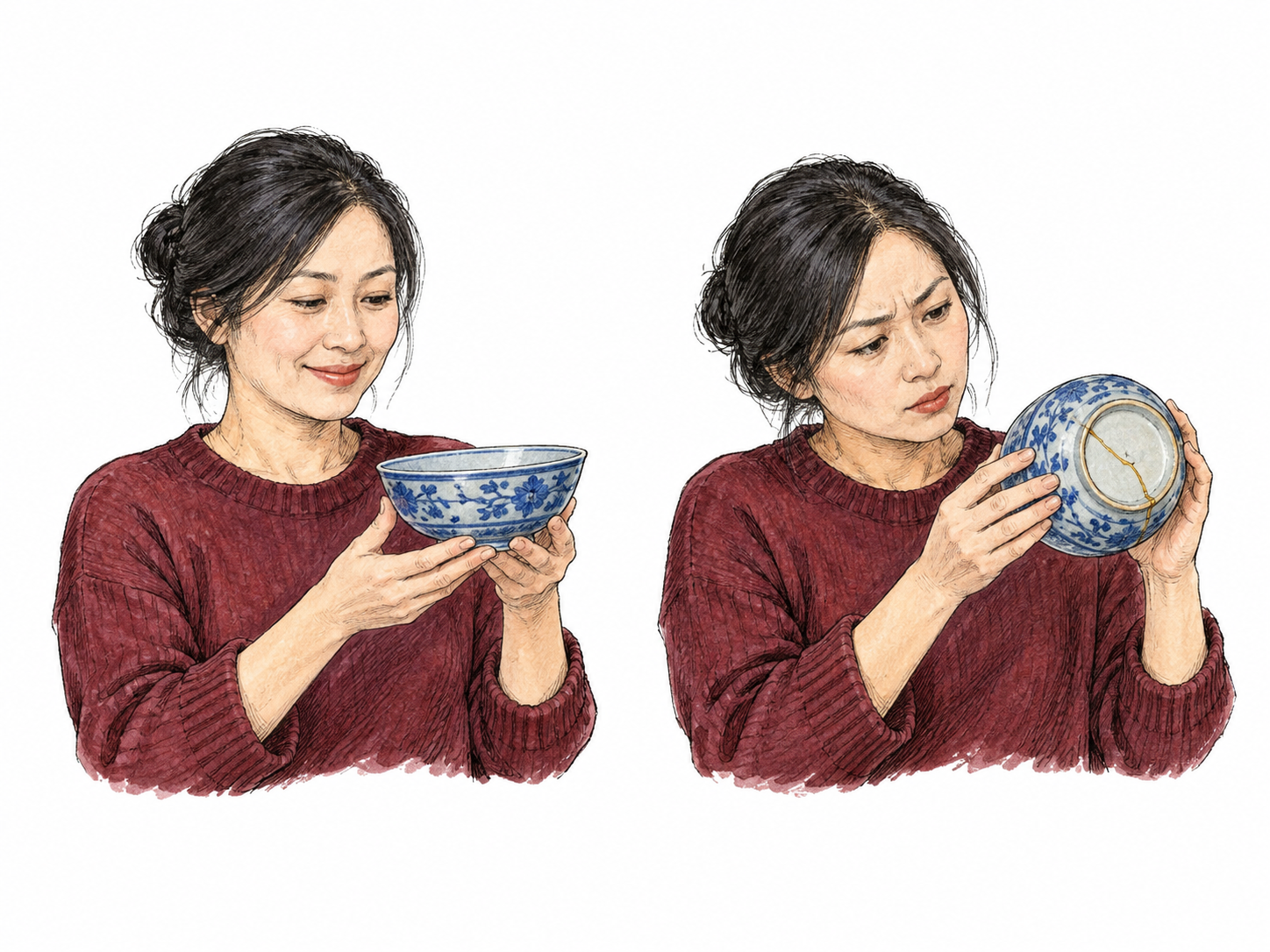 An art evaluator reconsiders an earlier favorable judgment after discovering a repaired crack on the underside of a ceramic bowl: two small sequential vignettes of the SAME woman, left initially satisfied with bowl upright, right carefully turning it to inspect the newly revealed crack with concerned thoughtful face.