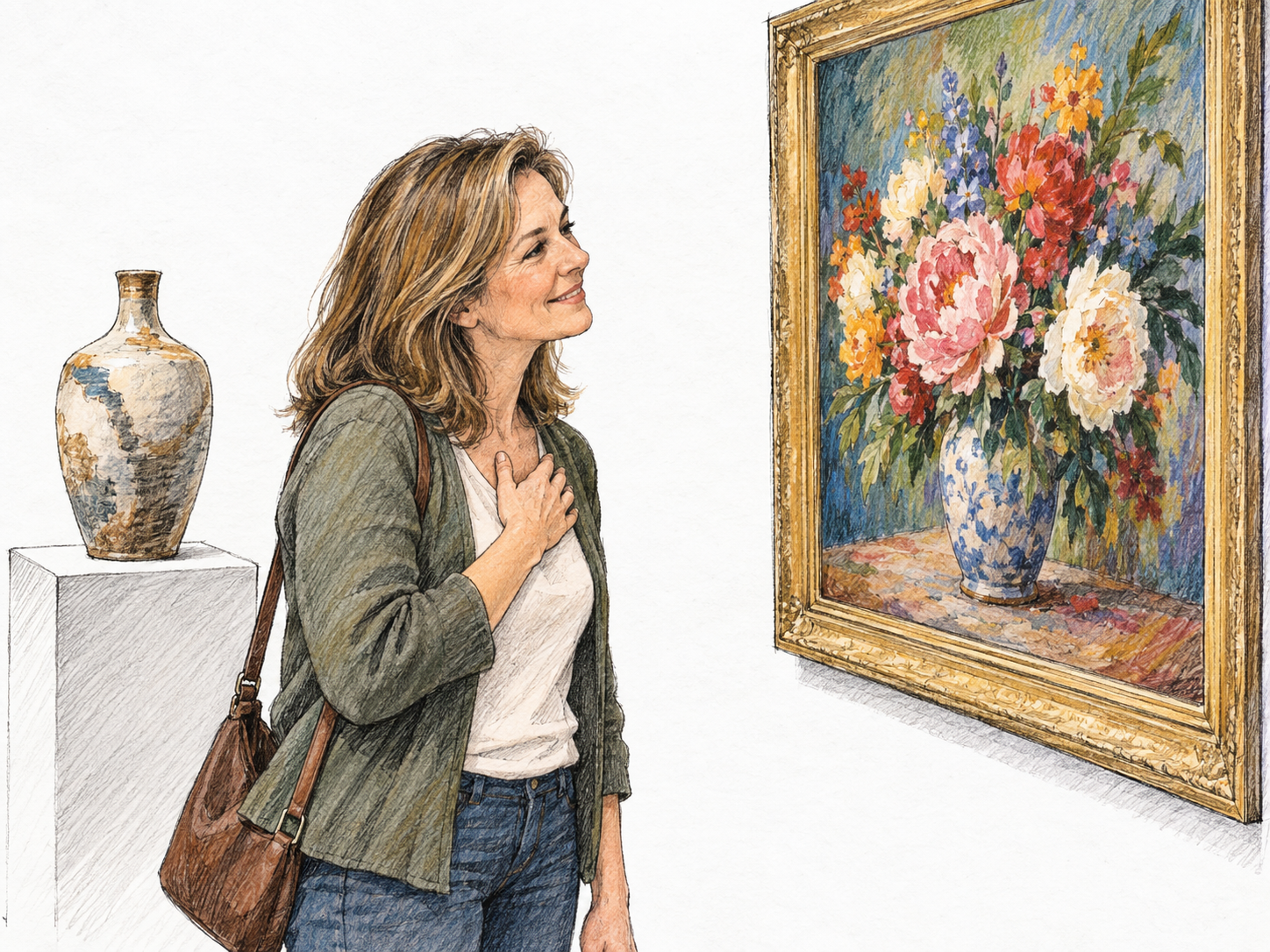 A gallery visitor visibly absorbed in the beauty of a painting, leaning slightly toward its rich brushwork with an admiring smile and one hand resting over her heart.