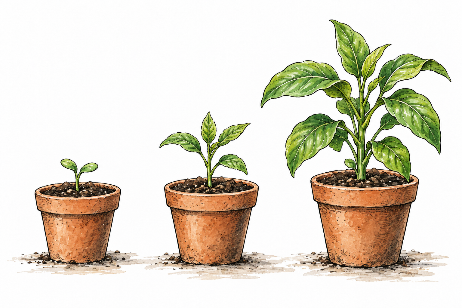 Three stages of same young seedling developing into strong leafy plant in pots, coherent progression, no words.