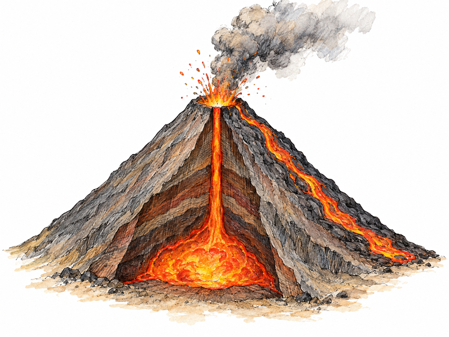 A single erupting volcano with a small exposed geological cutaway showing subsurface magma rising through a central conduit, while lava flows from the crater down one flank.
