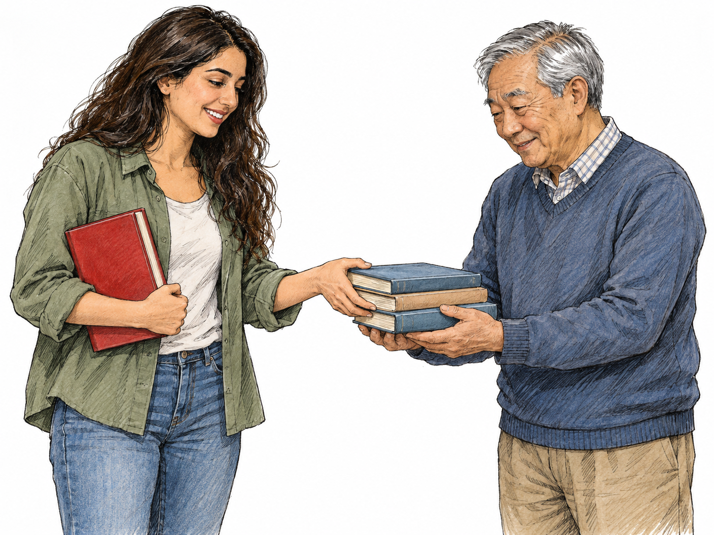 While handing away a stack of books, a woman keeps one distinctive red book firmly tucked under her other arm.