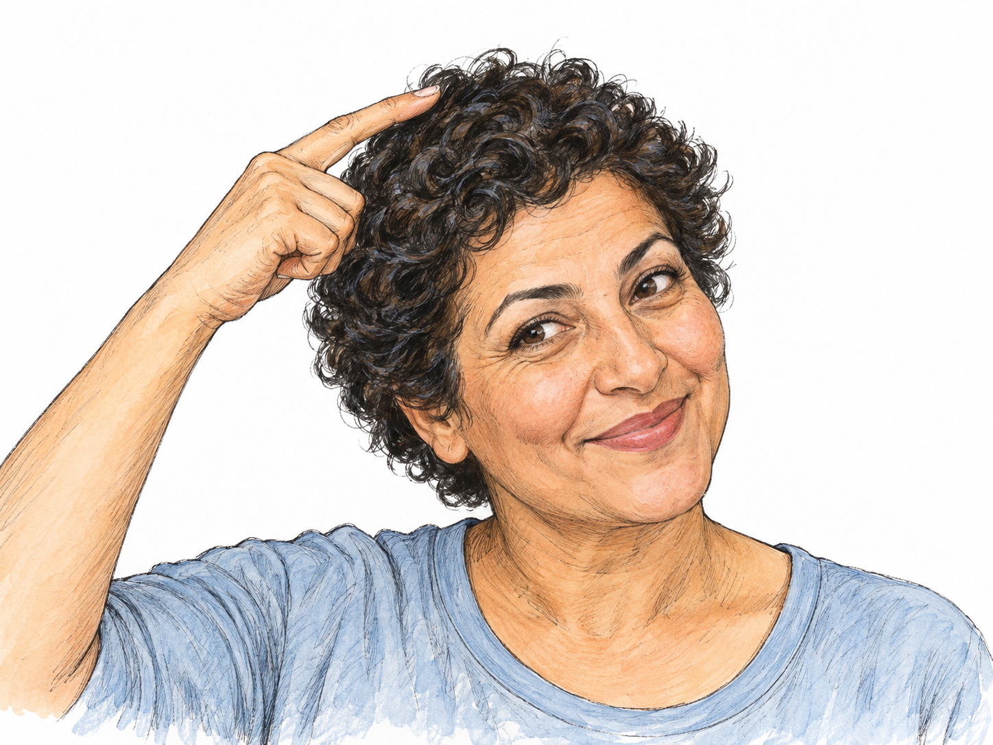 A playful close-up portrait of a woman pointing to the top of her own head, making the head the unmistakable focal subject.