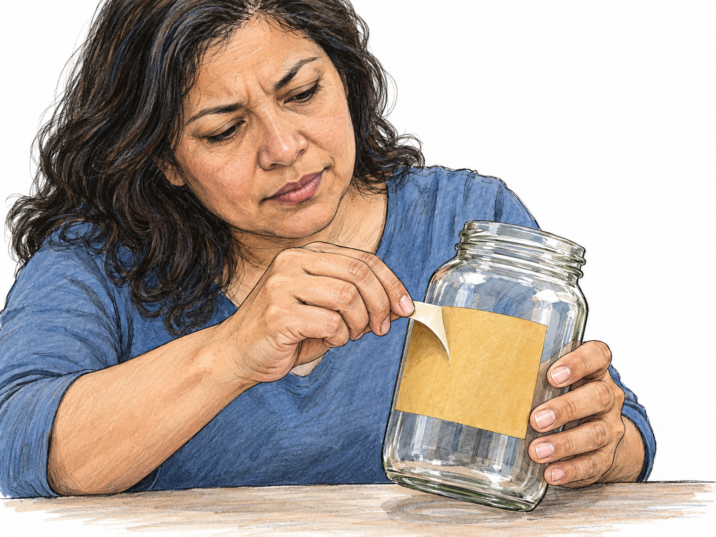 A woman struggles to peel a blank adhesive sticker from a glass jar: the lifted corner curls taut between her fingers while most of the sticker remains firmly attached to the curved surface.