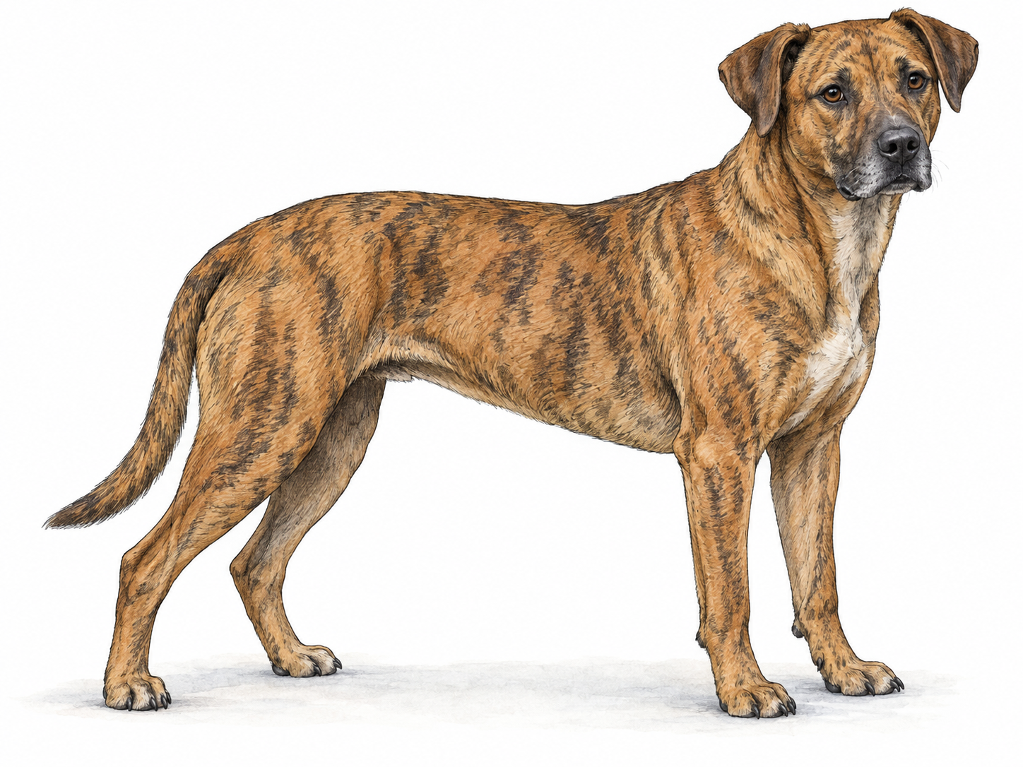 A single short-haired dog in clear side view, showing a tawny-brown coat with irregular dark brown brindle streaks across its flank, shoulder, and legs.