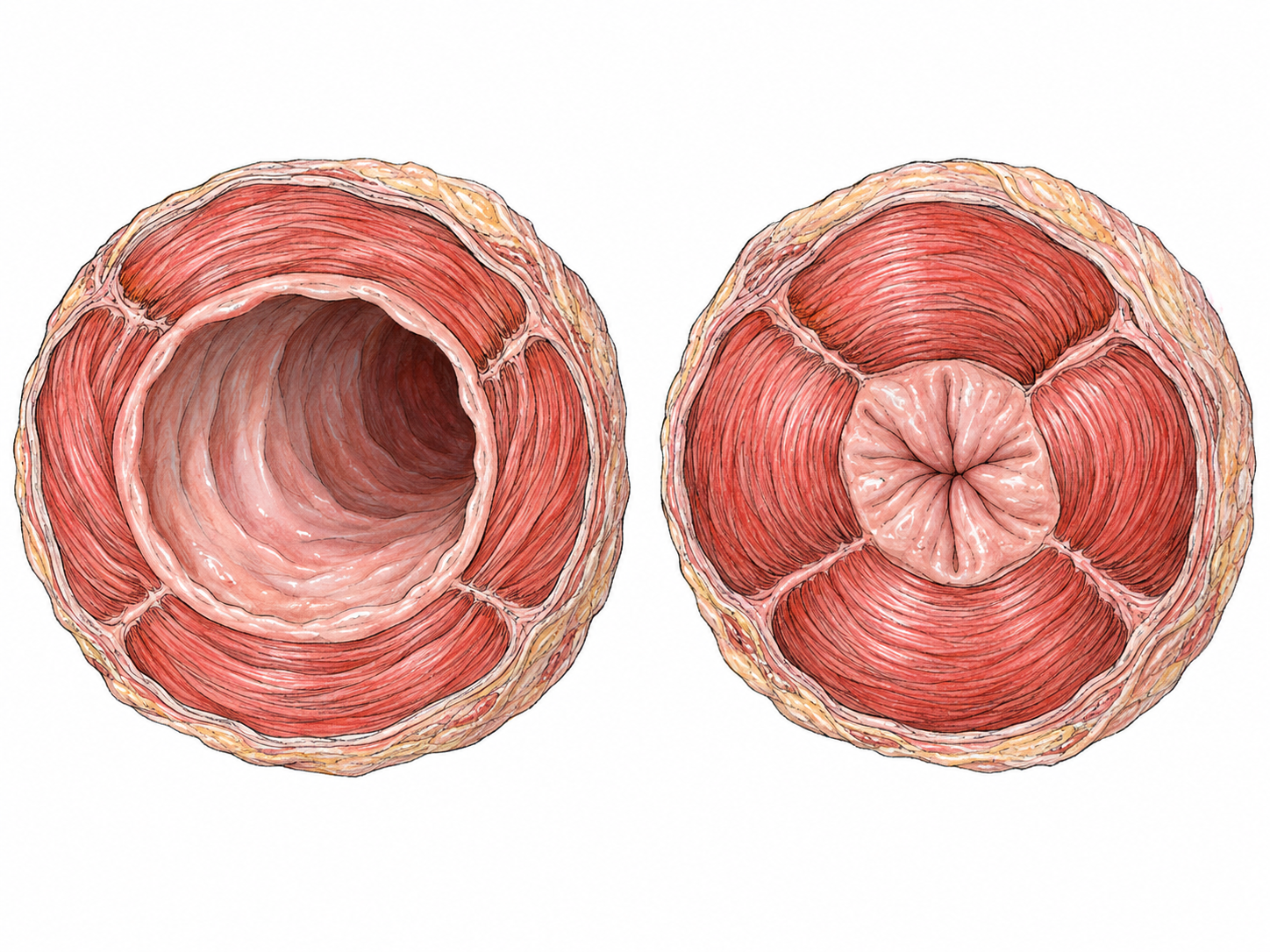 Two matched anatomical cutaway views of a short passage surrounded by a circular muscle: relaxed with an open lumen, then contracted with the lumen closed.