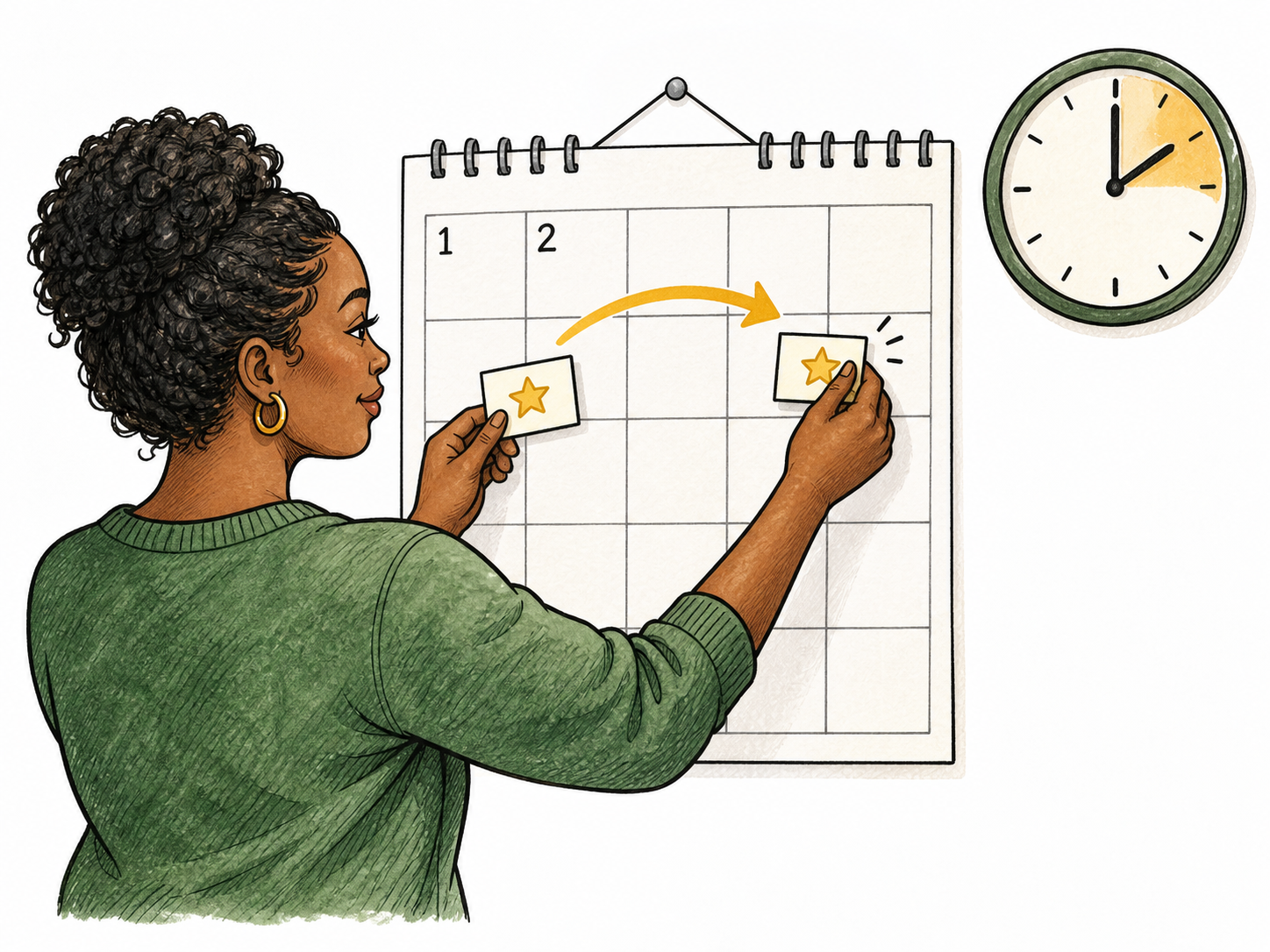 An adult moves a small task card from today's position to a later square on a plain wall calendar, only minimal functional day numerals 1 and 2 allowed.