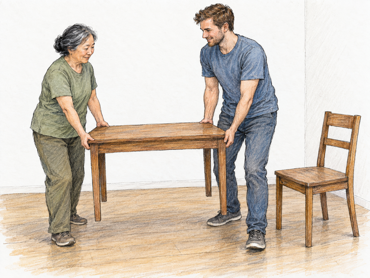 An older East Asian woman and a young white man furnish a mostly empty room by carrying a small wooden table into place beside a chair.