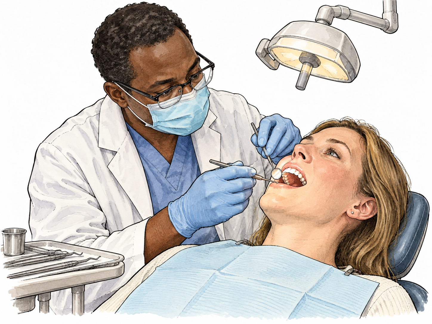 Black dentist examines white patient's teeth using mirror and light.