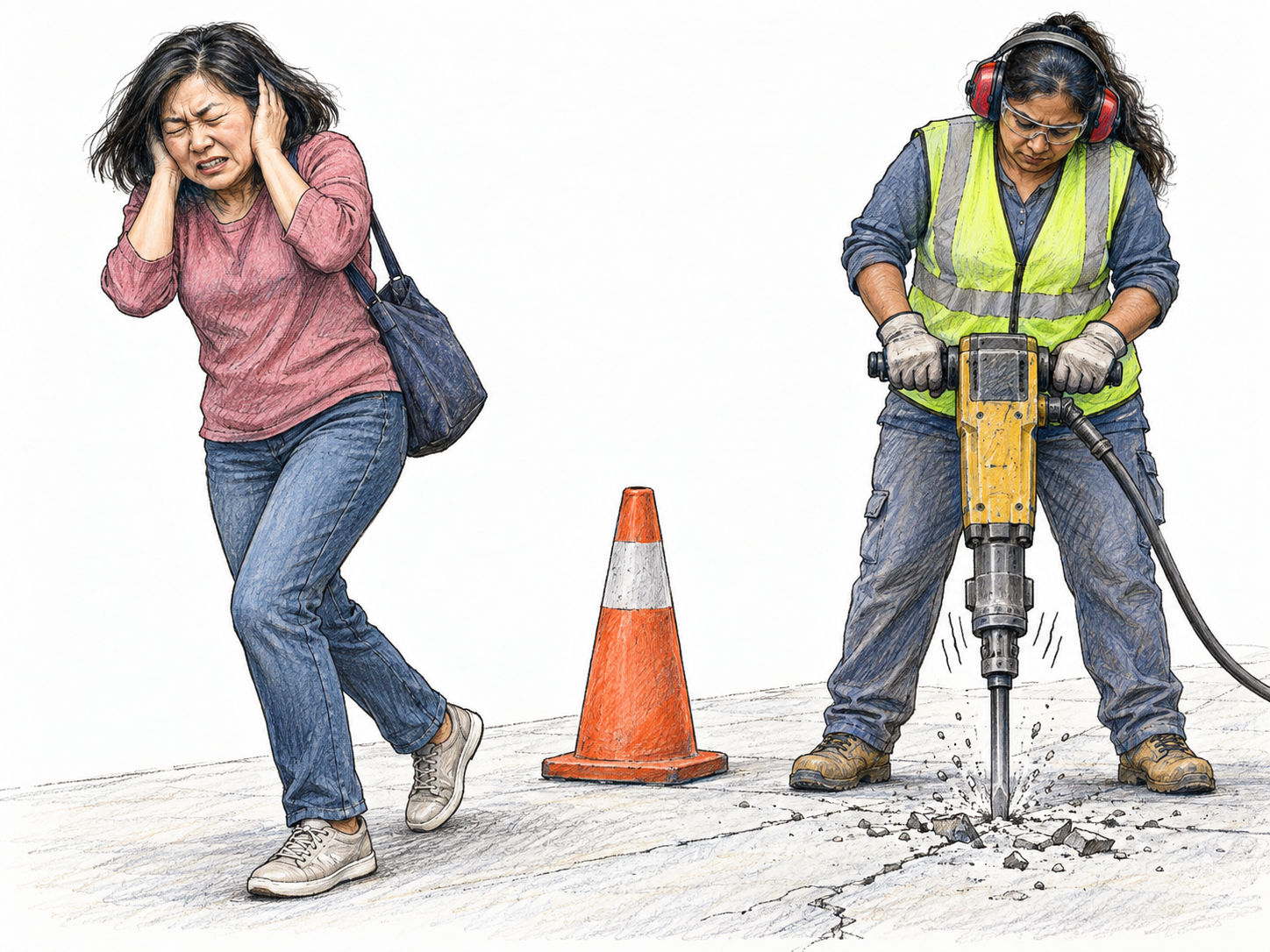 A pedestrian cannot endure the noise of nearby pavement drilling: she clamps both hands over her ears, grimaces, and recoils away while the operator works in hearing protection.