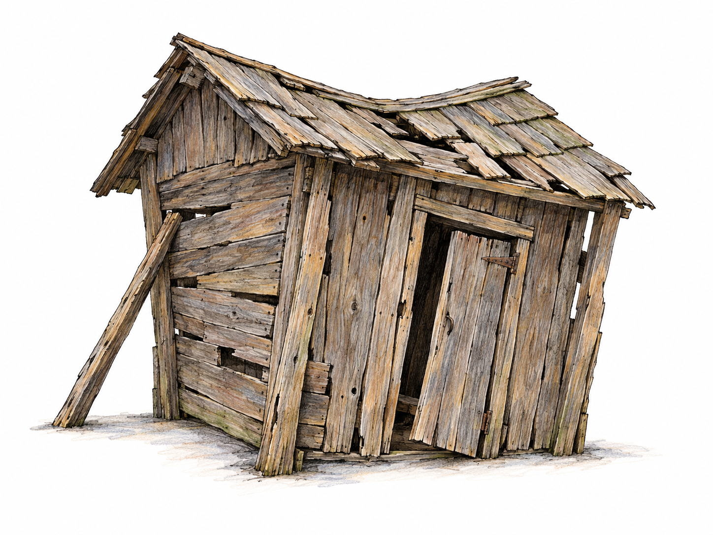 A small ramshackle wooden shed, still standing but visibly close to coming apart: leaning posts, loosely joined mismatched boards, a sagging roof, and a door hanging from one hinge.