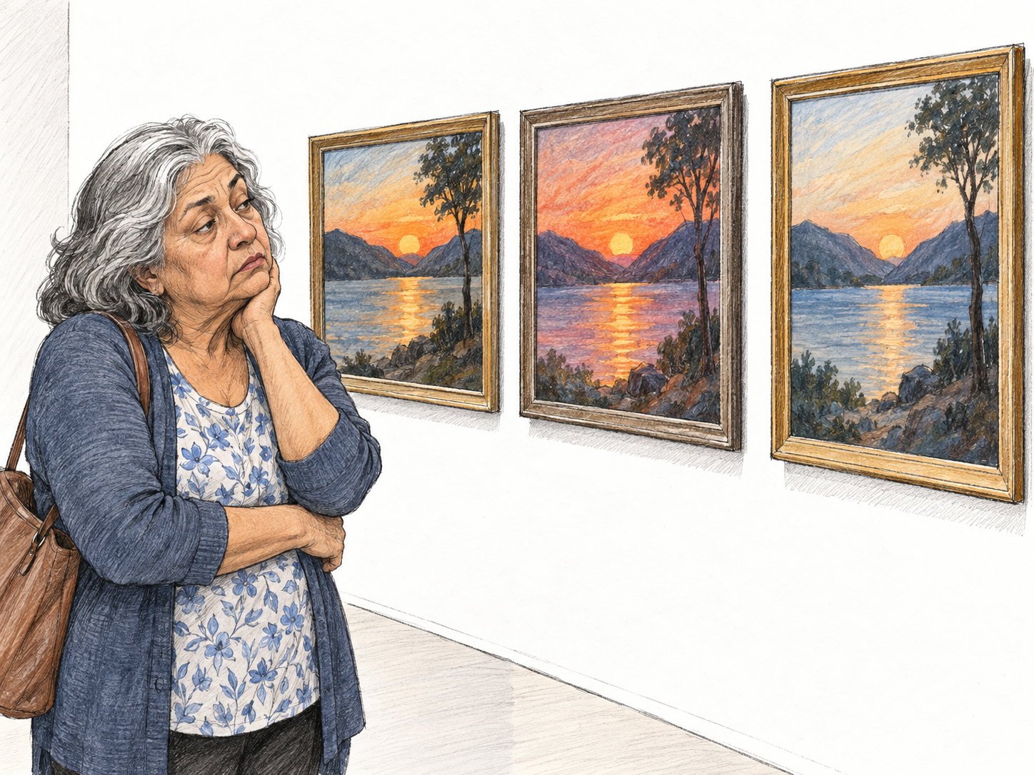 An unimpressed gallery visitor surveys a row of nearly identical, clichéd sunset paintings.