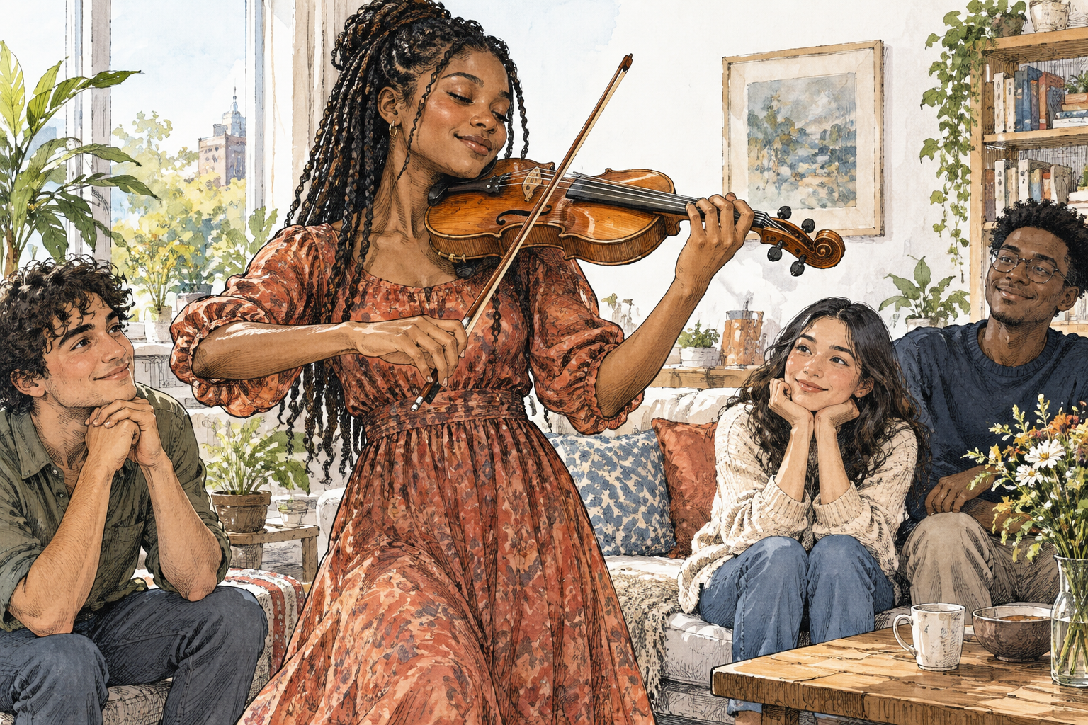 Young Black woman effortlessly plays a difficult violin passage while friends listen impressed, visible confidence and special musical talent, no text.