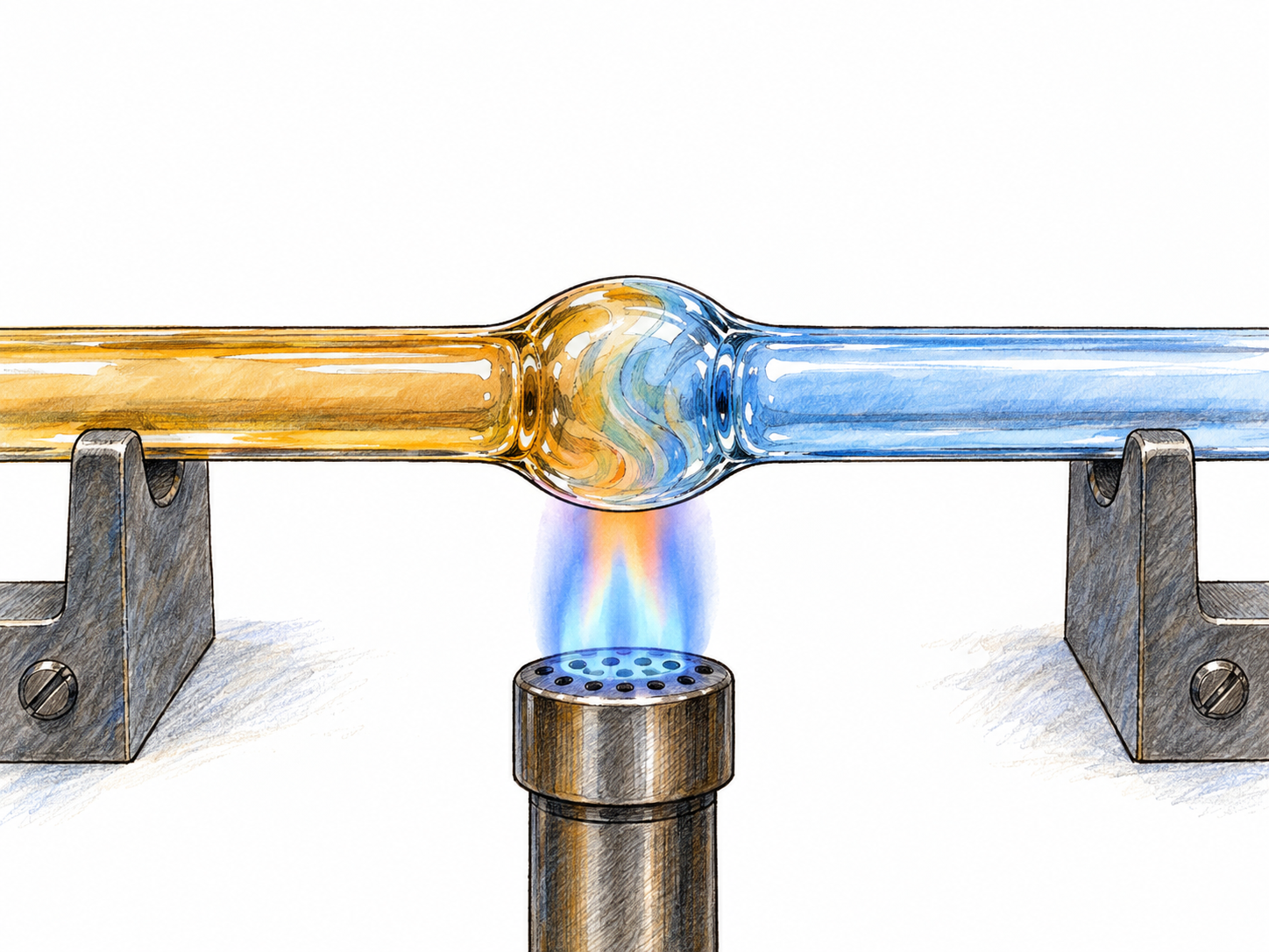Two colored glass rods fuse end to end above a small bench burner, their softened tips visibly becoming one continuous glass joint.