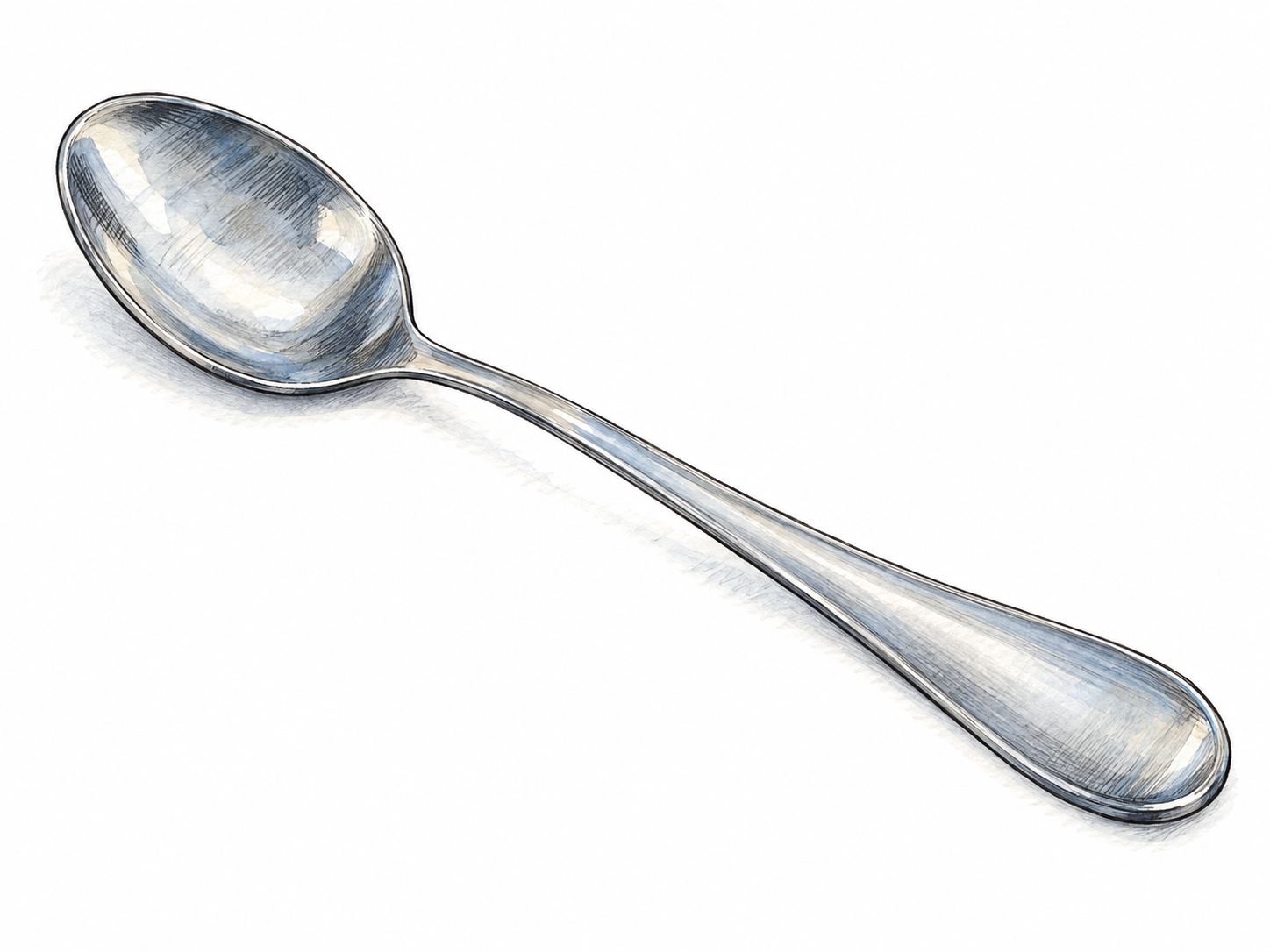 A single plain teaspoon shown in three-quarter view, with its shallow oval bowl facing upward and its slender handle fully visible.