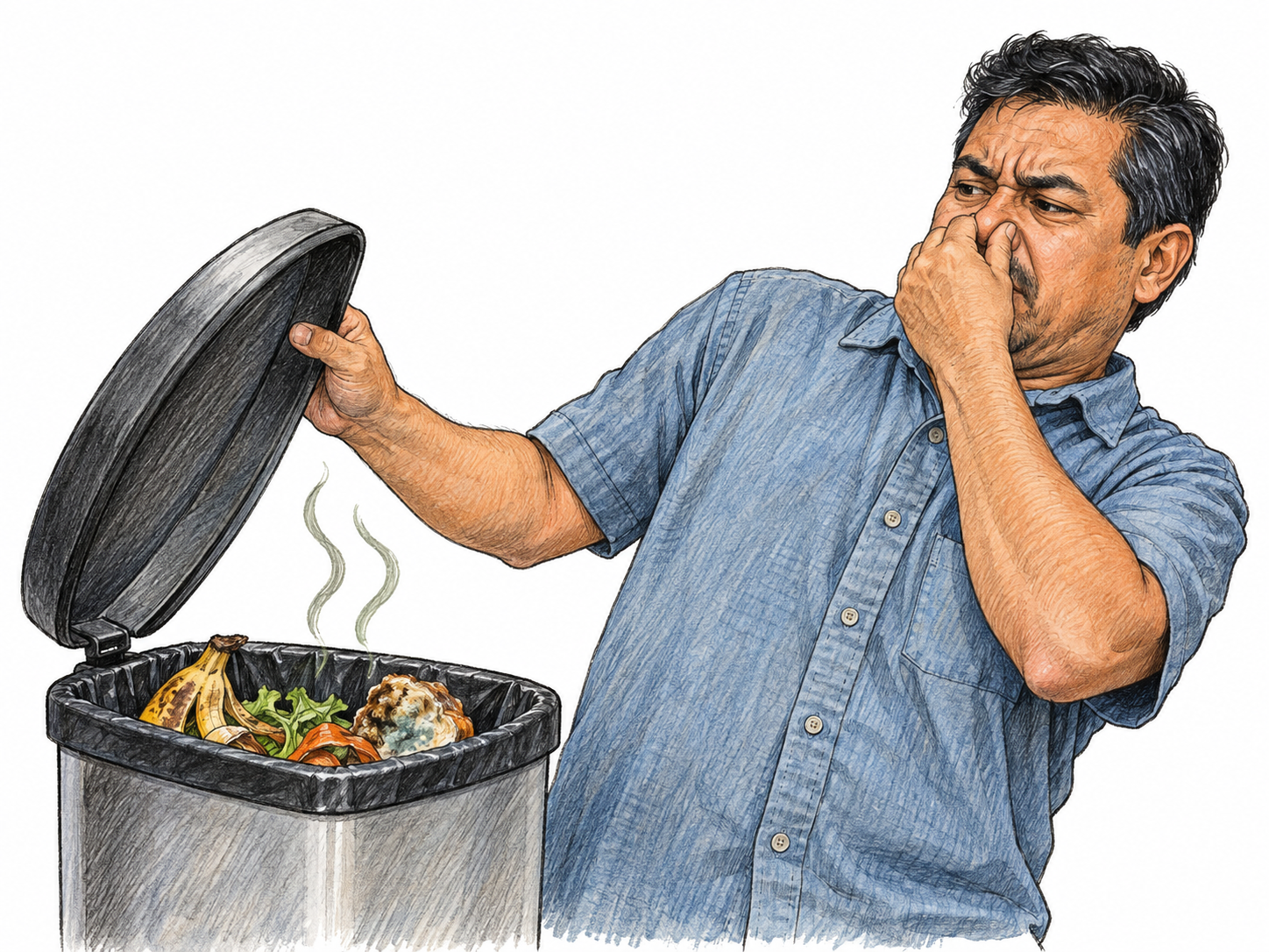 A man recoils from an open kitchen rubbish bin, pinching his nose and holding its lid away from his face.