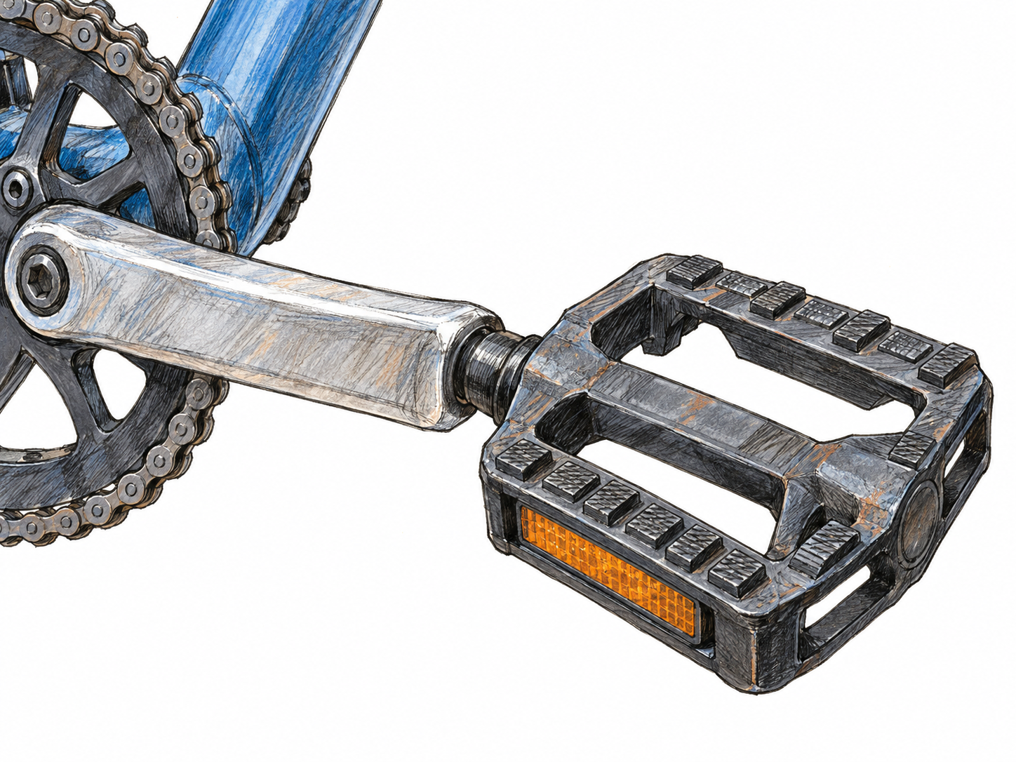 A close-up of a bicycle pedal attached to its crank arm, with the broad tread surface clearly visible and the rest of the bicycle minimally cropped into view.