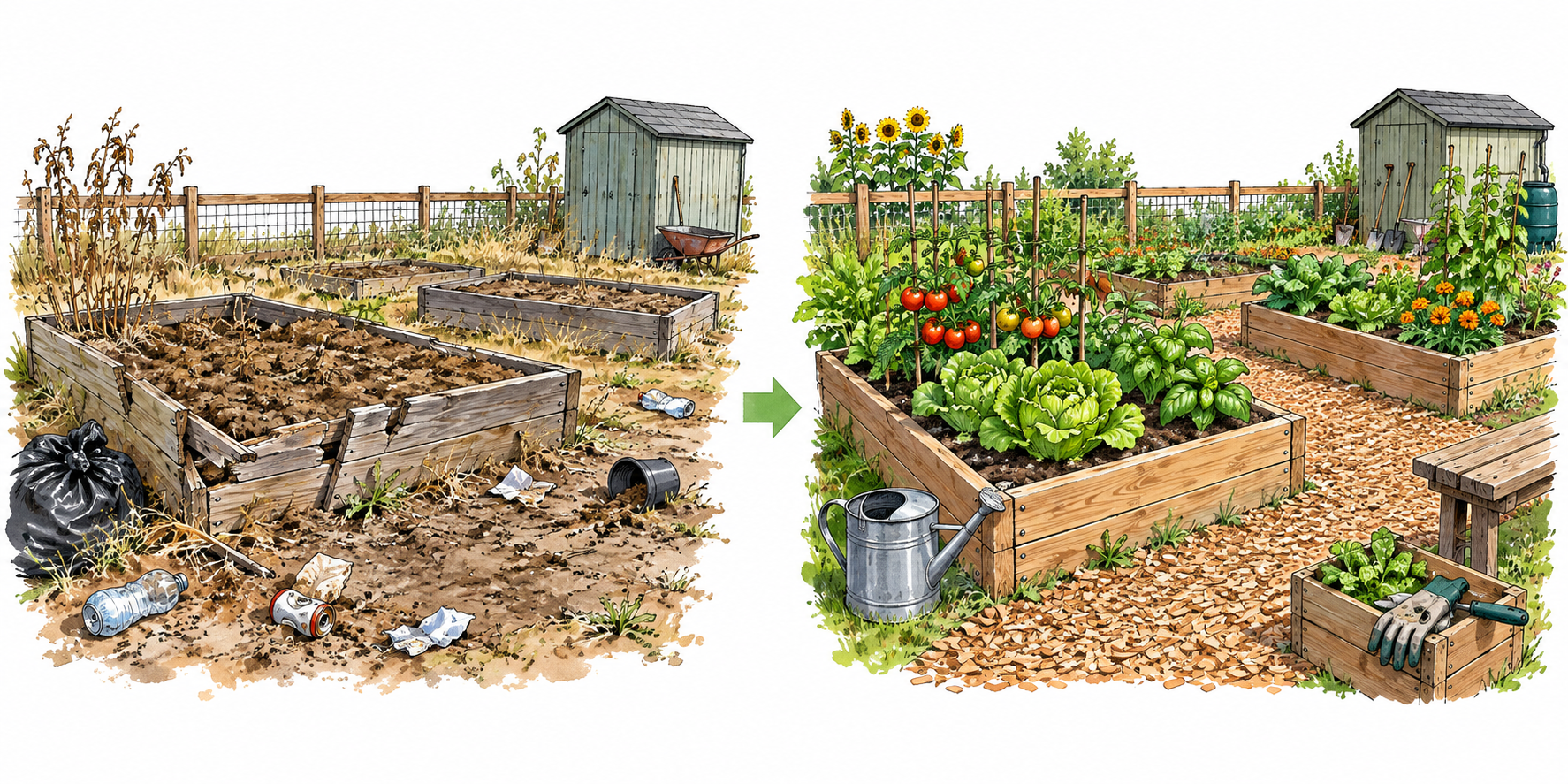 Community garden before and after improvements: broken beds litter and dry soil transformed into repaired beds green crops and clean path.
