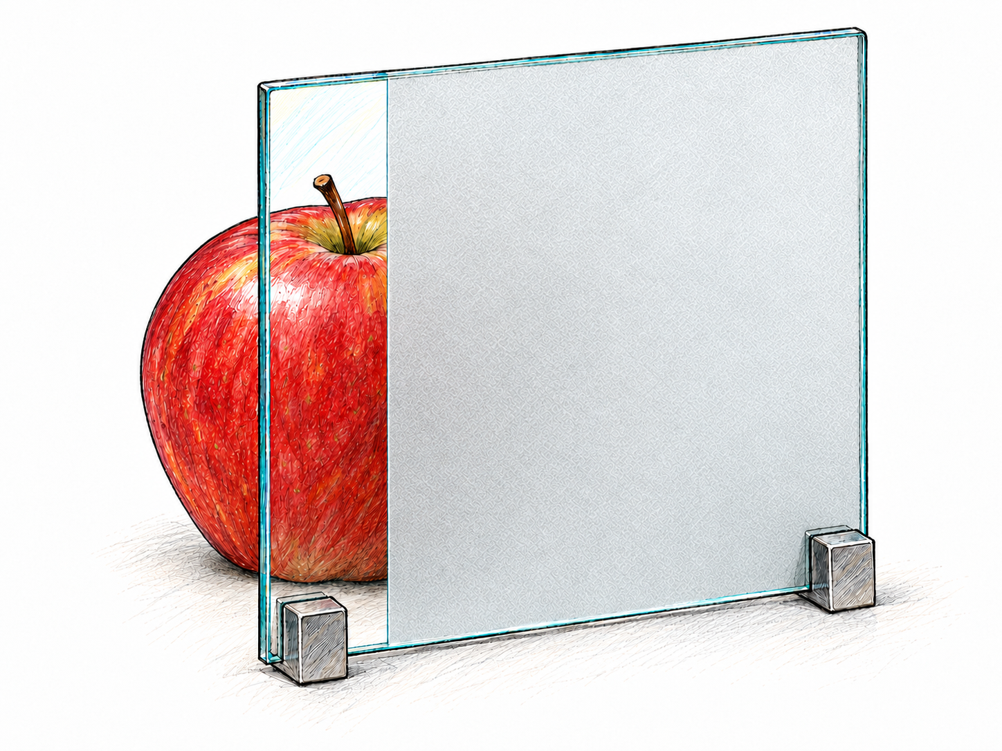 A red apple behind a single upright glass panel is sharply visible through a narrow clear strip but reduced to a faint, indistinct red shape through the broad, heavily frosted portion, making difficulty seeing through the material directly observable.