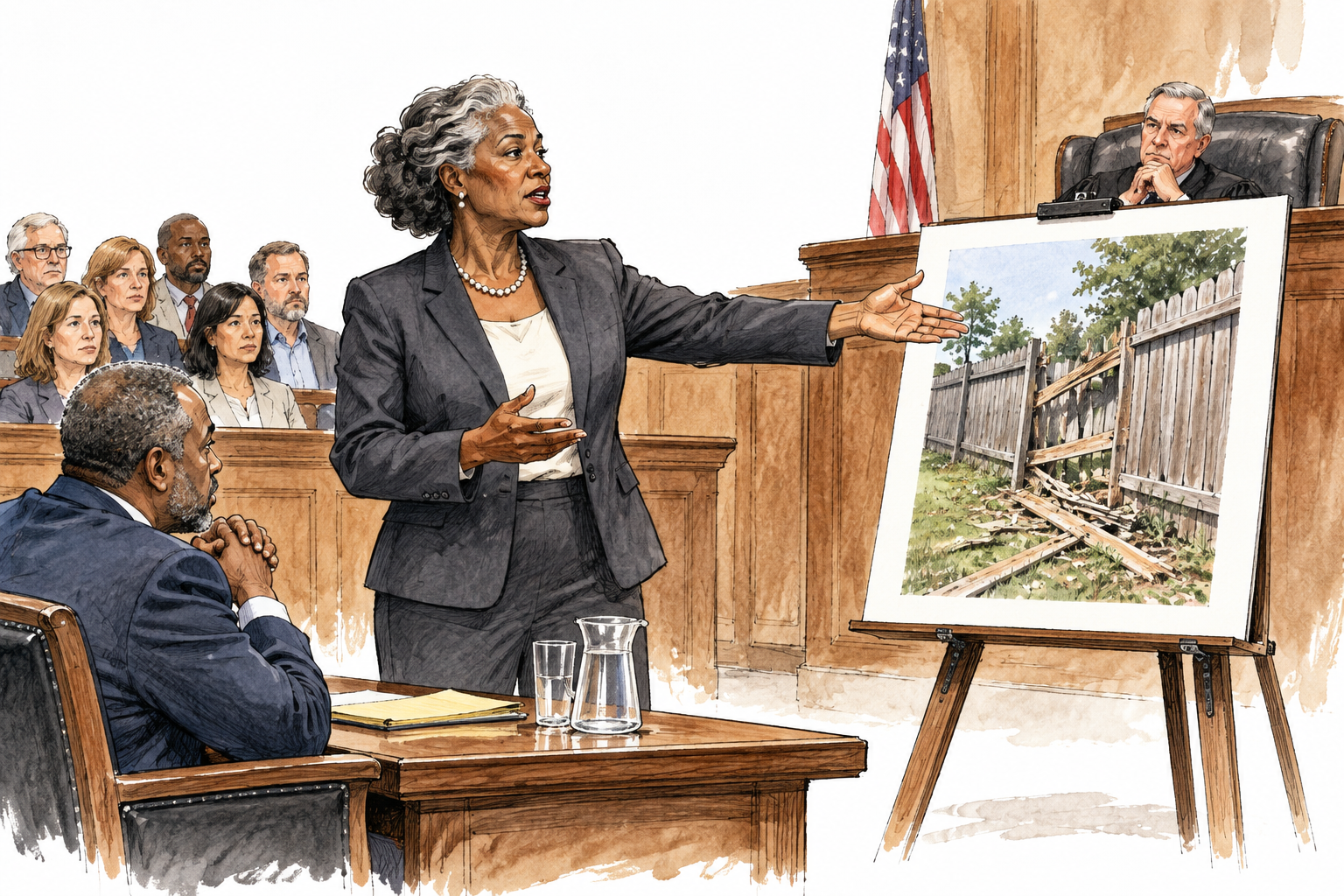 Focus on an older Black woman trial lawyer in a professional suit standing confidently beside a courtroom evidence easel, presenting an unlabeled photograph of a damaged fence to judge and jury; her client sits behind.