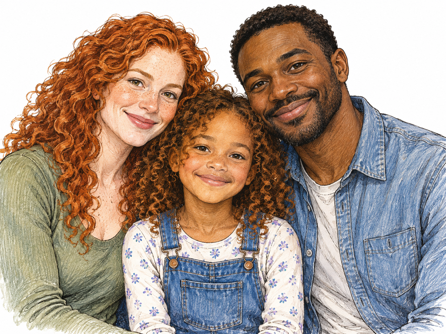 A child stands between both parents, showing a family resemblance through the mother's red-brown curly hair and both parents' smile shape; warm natural family grouping without racial ranking or exaggerated features.