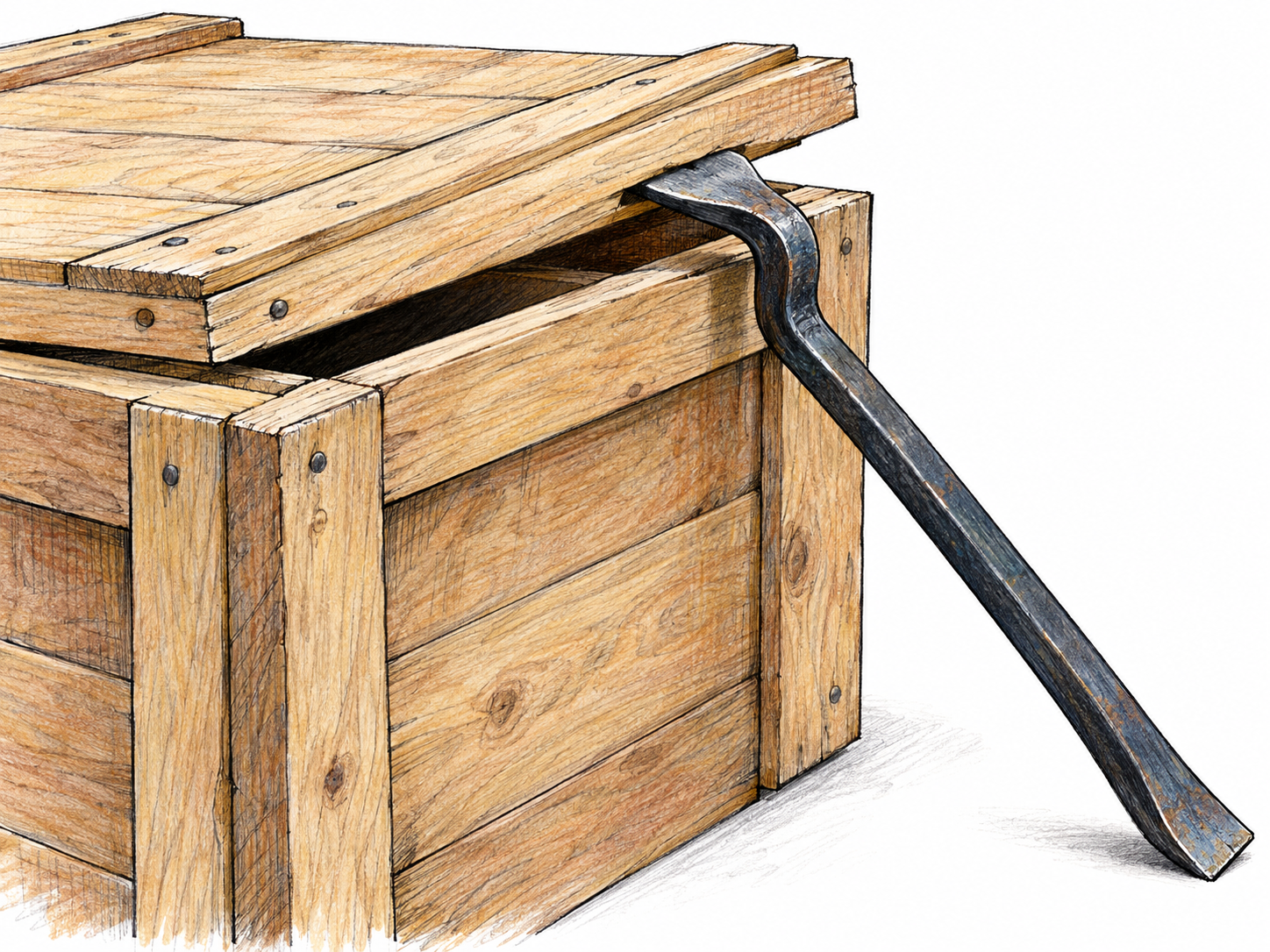 A steel crowbar wedges beneath the lid of a plain wooden crate, levering one edge visibly open.