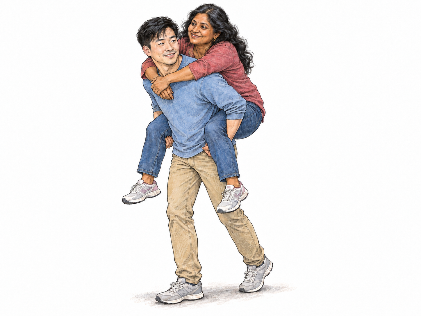 A man carries a woman piggyback, with her torso against his back, her arms resting over his shoulders, and his hands supporting her thighs.