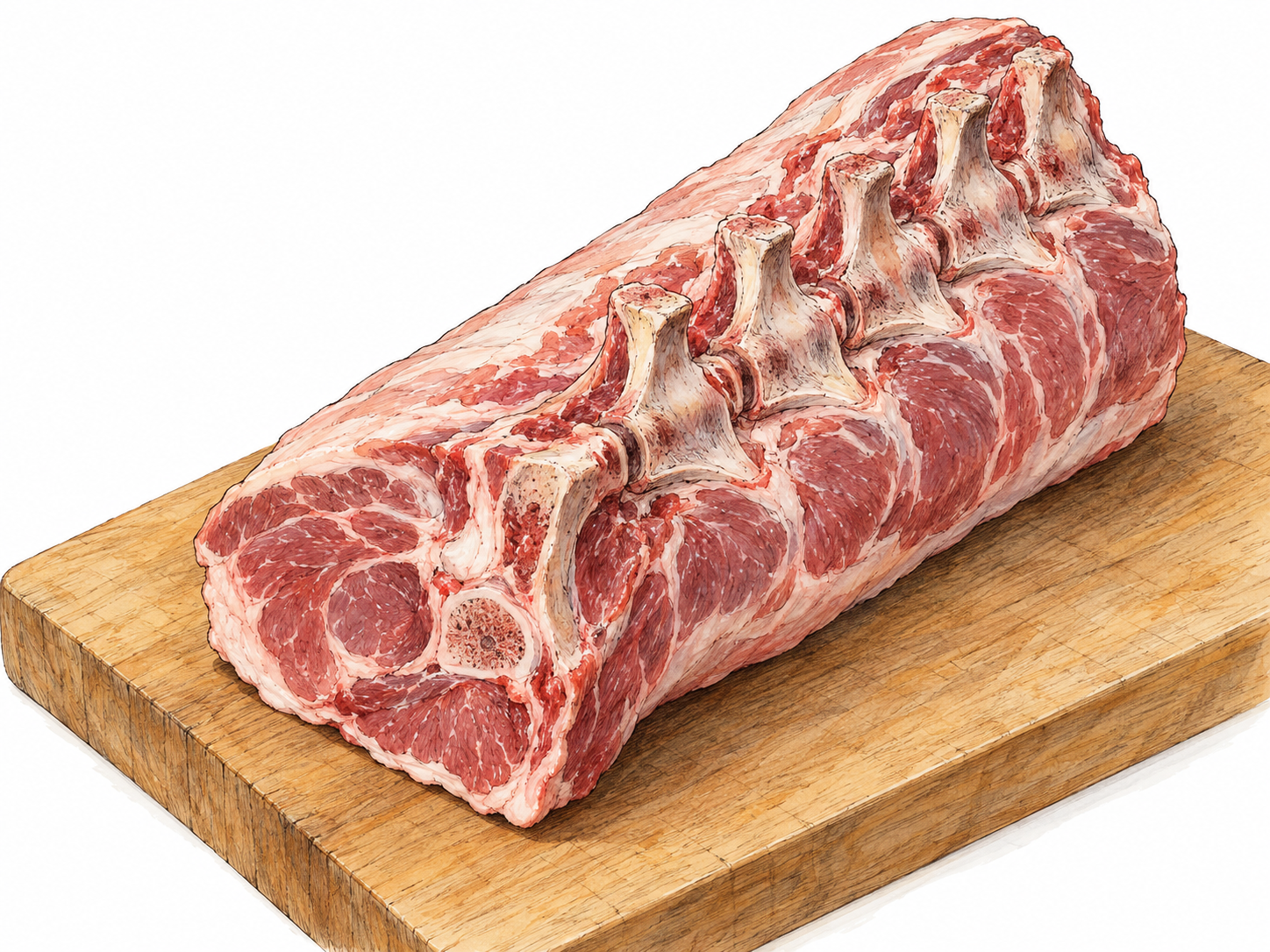A butcher's cut of meat containing a clearly exposed, connected section of backbone, with the vertebrae remaining embedded along the cut.