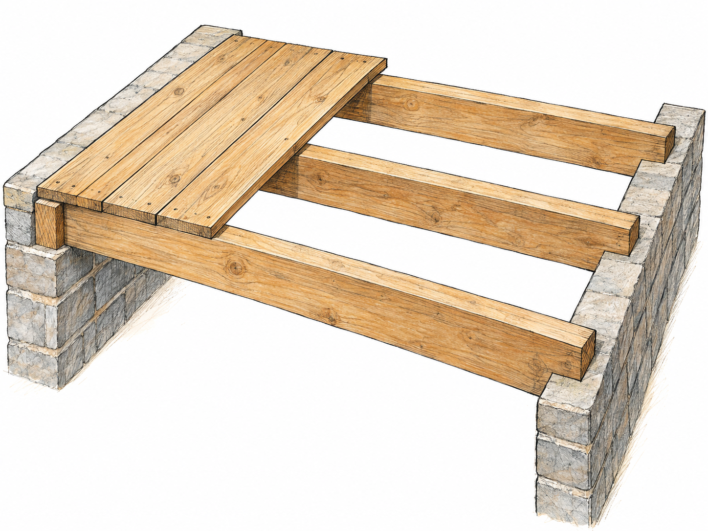 An exposed floor corner shows parallel horizontal timber joists supporting perpendicular floorboards, with one foreground joist fully visible from bearing to bearing.