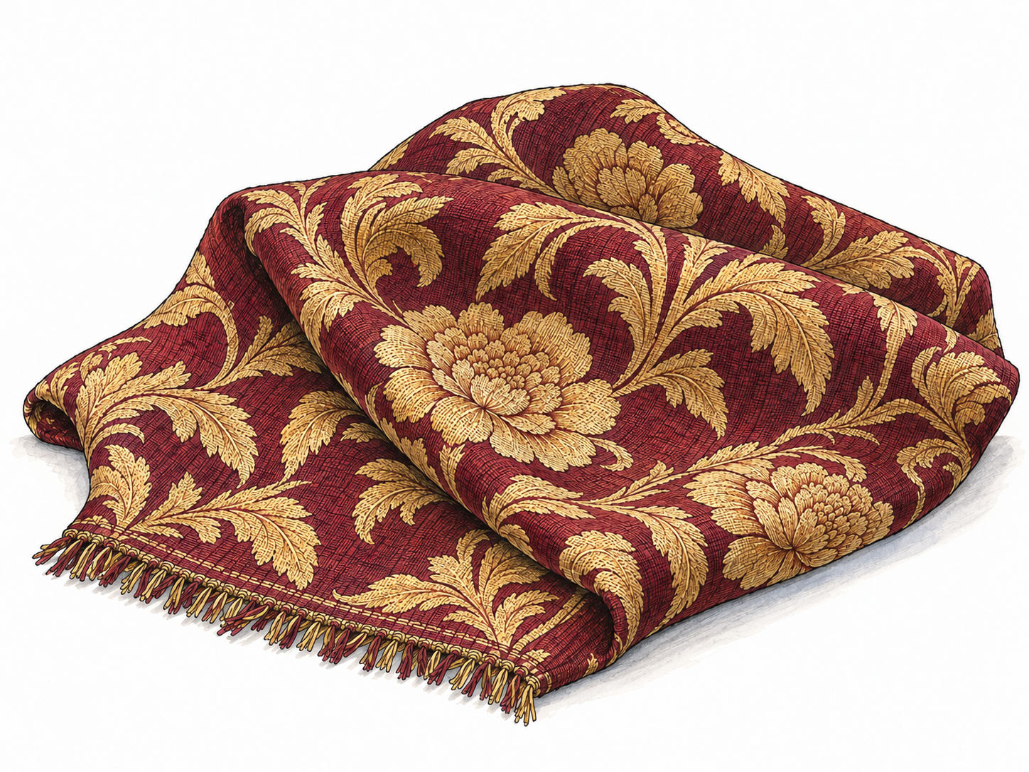 A folded length of rich burgundy brocade with raised gold floral patterns, shown close enough to reveal that the ornament is woven into the fabric rather than printed or sewn on.
