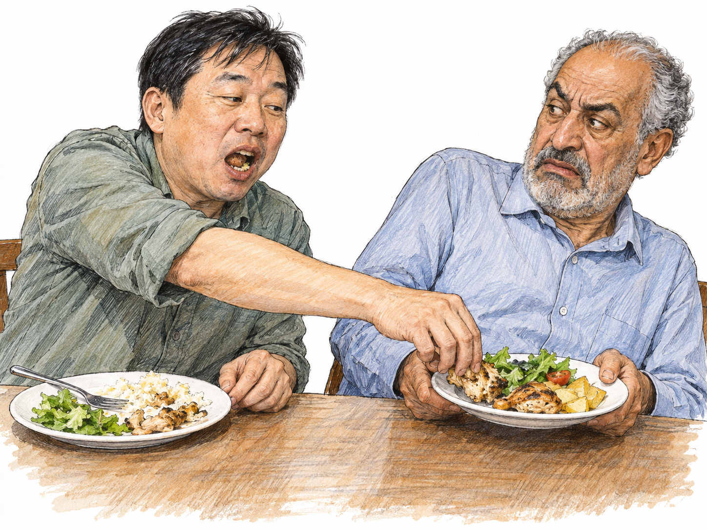 At a shared dinner table, a man leans across another diner's plate and grabs food from it with his bare fingers while chewing with his mouth open.