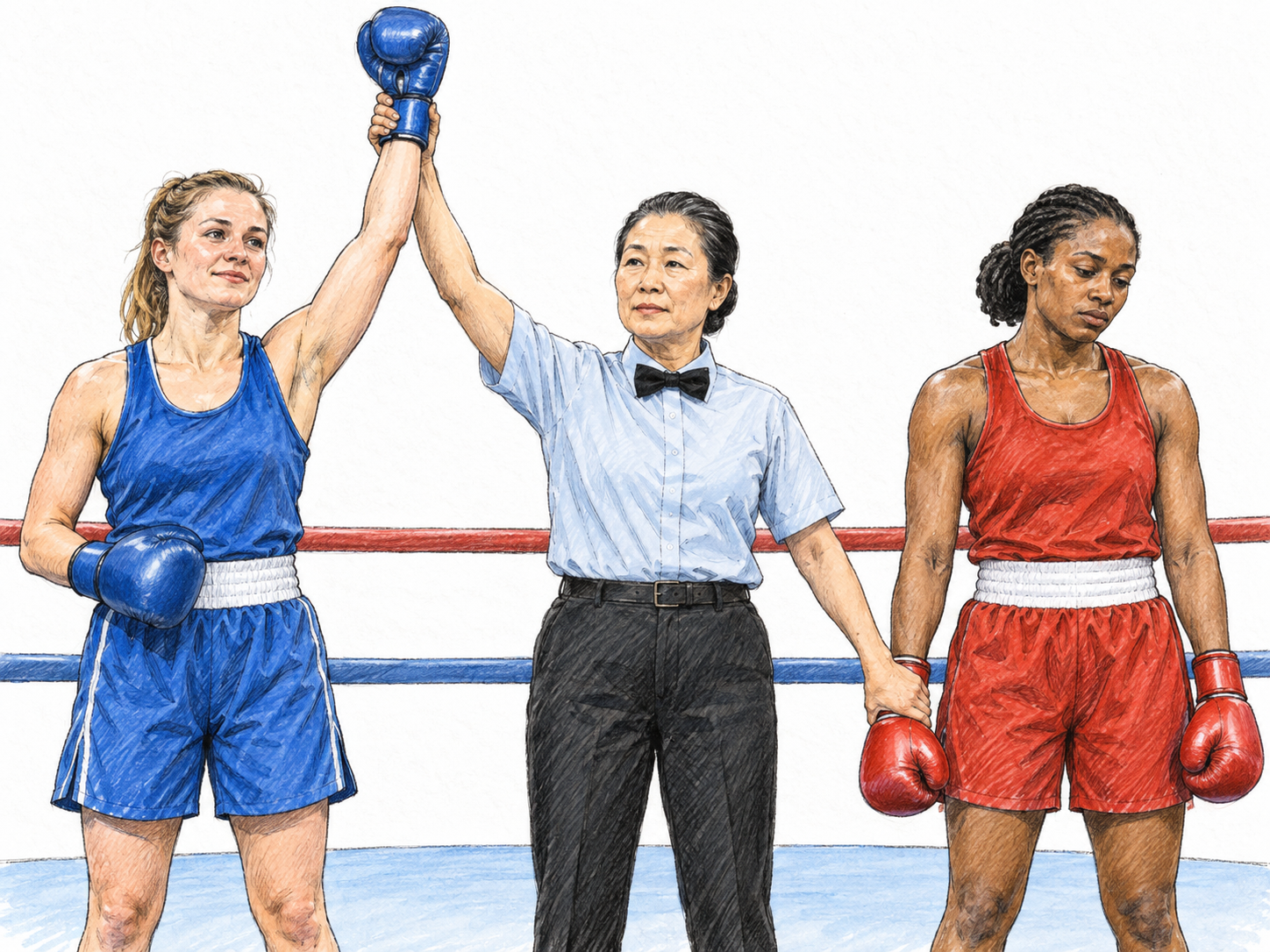 A boxing referee formally announces the winner by raising one competitor’s gloved hand, making the result clear to everyone present.