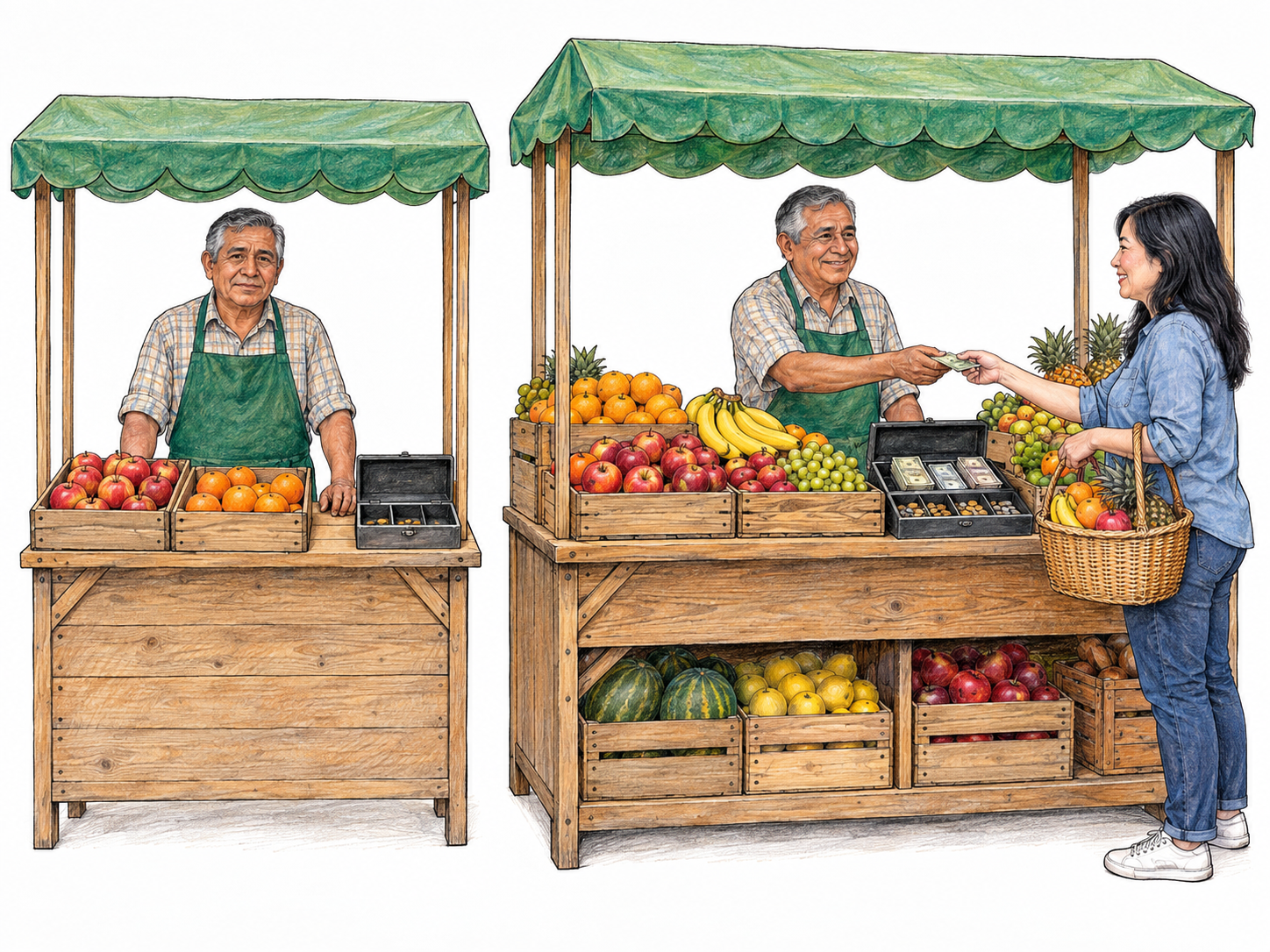 A text-free two-stage view of the same fruit business growing from a modest stall into a thriving, well-stocked shop, with the same owner visibly benefiting from its success.