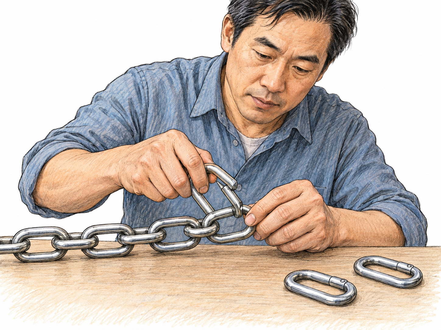 A man fastens another large oval snap link onto the end of a short chain, visibly joining separate pieces into one continuous series.