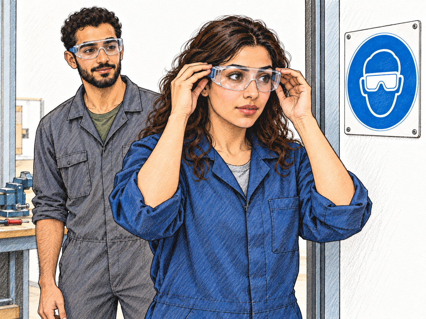 At a workshop entrance, a woman puts on safety goggles to match the mandatory eye-protection pictogram beside the doorway; a coworker already wears the same protection.