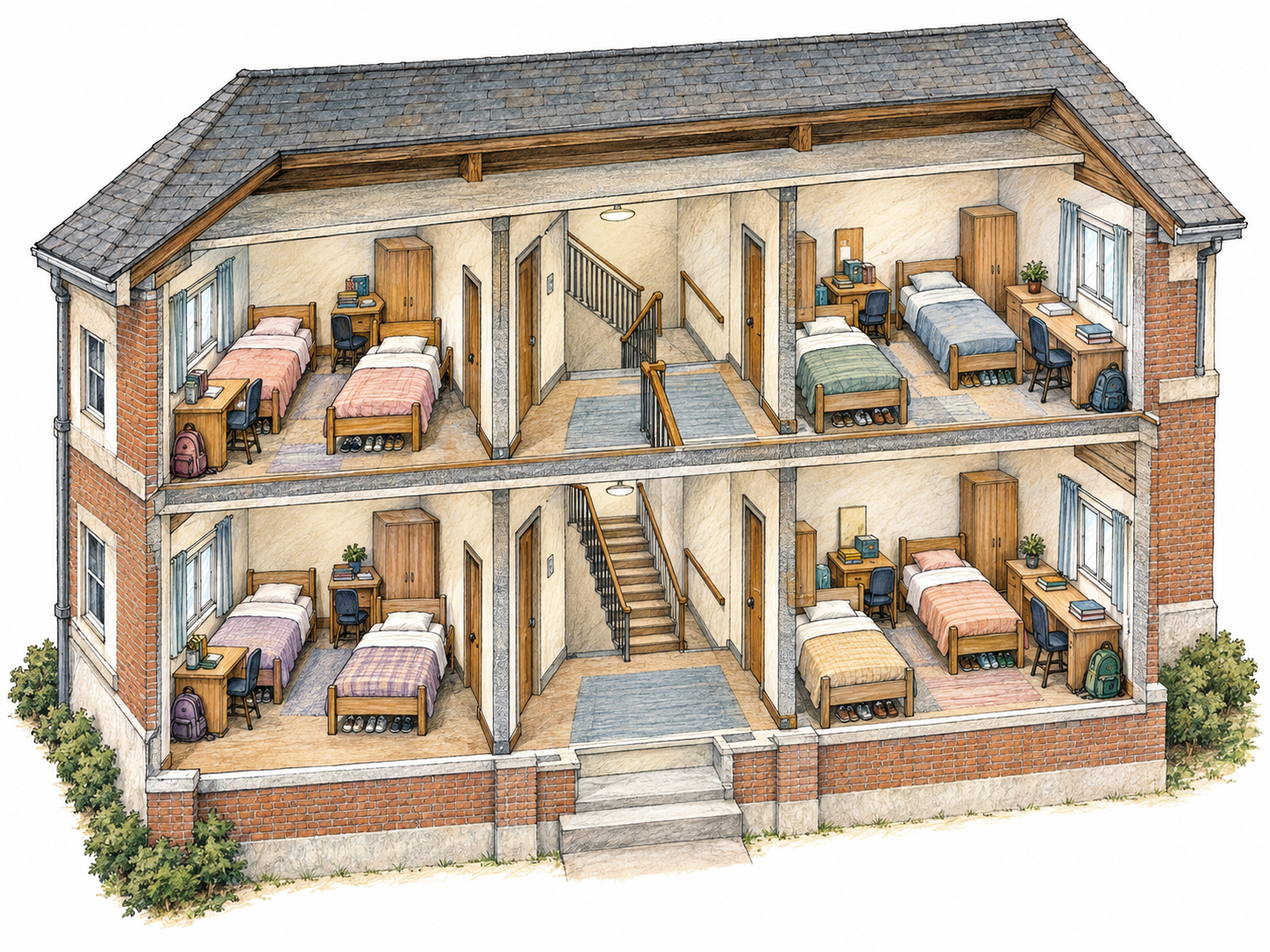 A compact cutaway of a student residence building reveals several shared sleeping rooms connected by a common corridor.