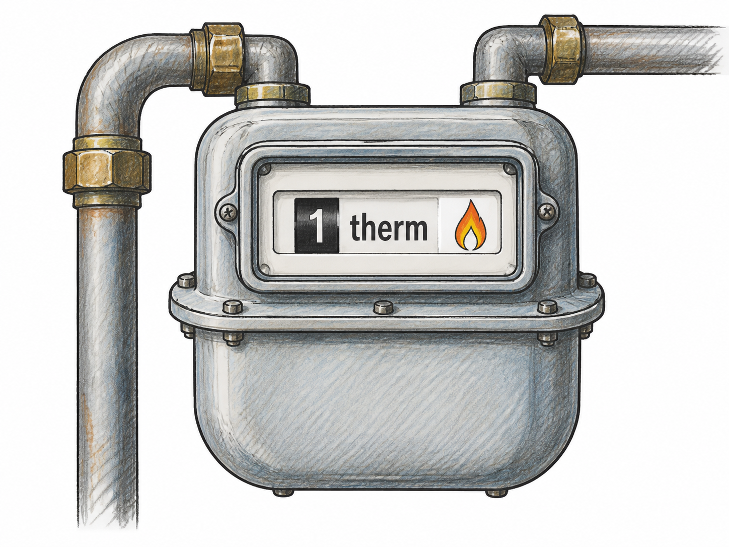 A plain gas energy meter shows the brief functional reading1therm beside a small flame-shaped energy symbol; unit of heat energy, no bill advice.