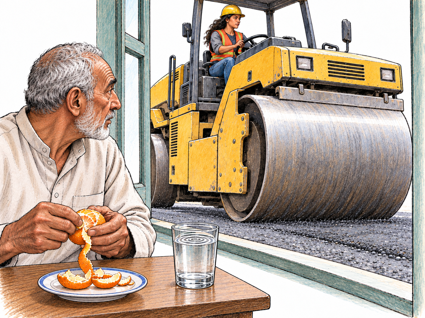 A heavy diesel road roller rumbles past an open ground-floor window; its massive turning drum, vibrating water in a nearby glass, and a resident's listening reaction reinforce the low, deep sound rather than merely showing transport.
