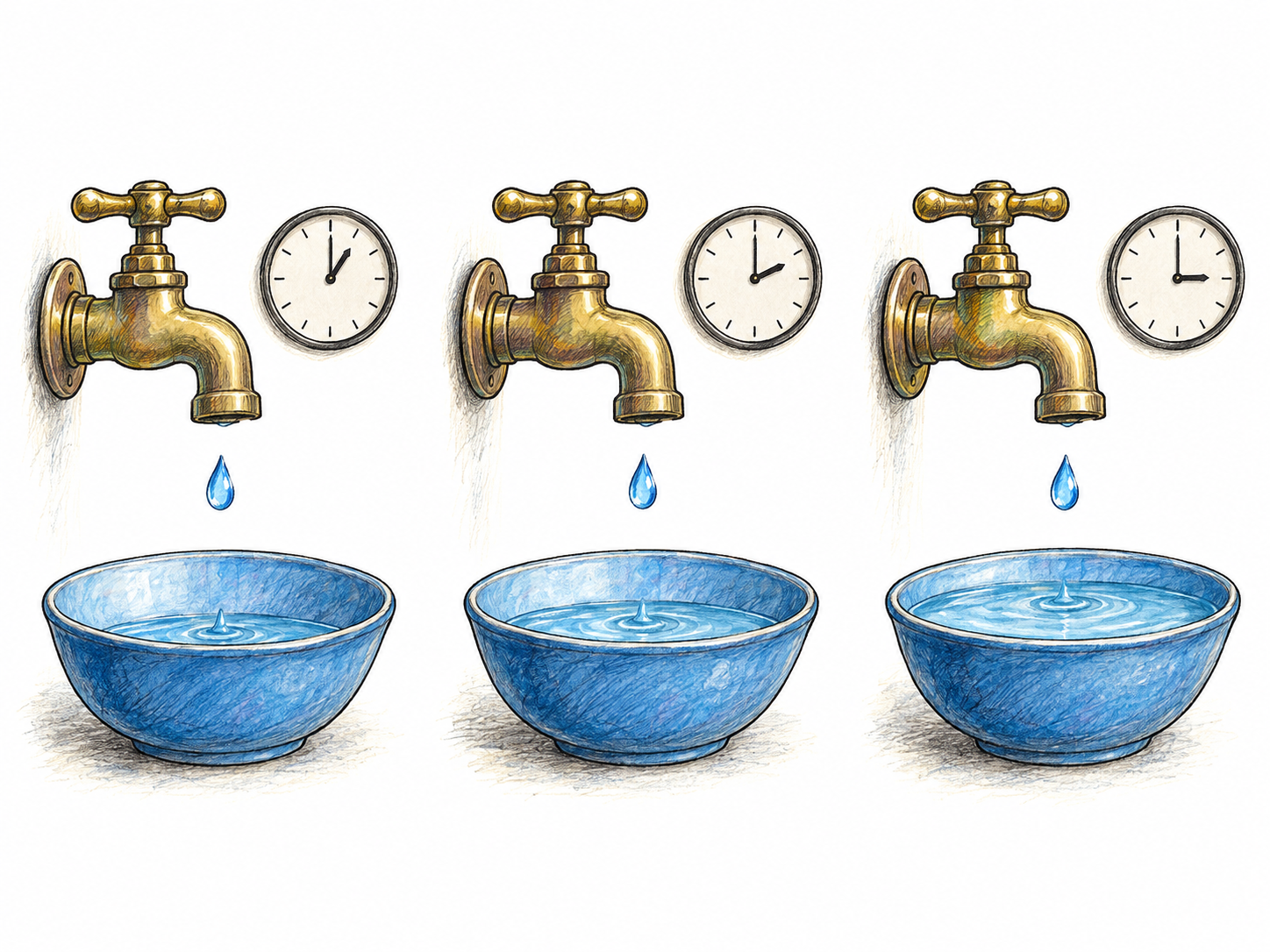 Three successive views of the same dripping faucet show separate drops falling repeatedly while a clock advances and water gradually accumulates in a bowl.