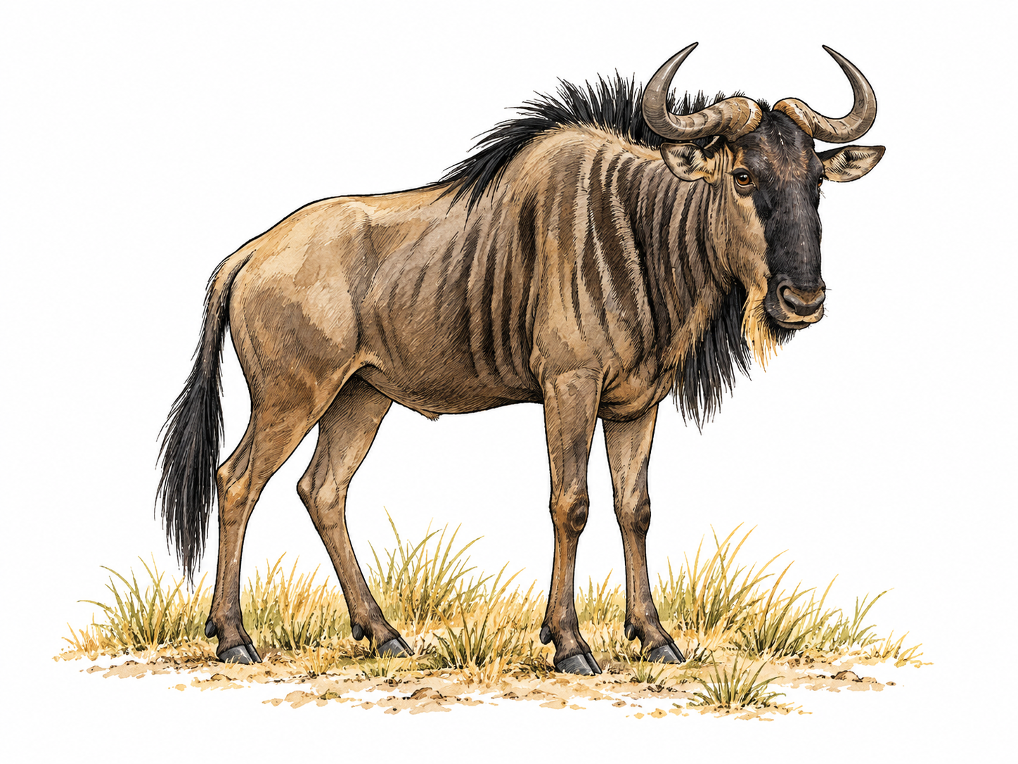 A wildebeest stands in African savanna, distinctive long face, curved horns, dark mane, sloping shoulders and slender hindquarters accurately drawn.