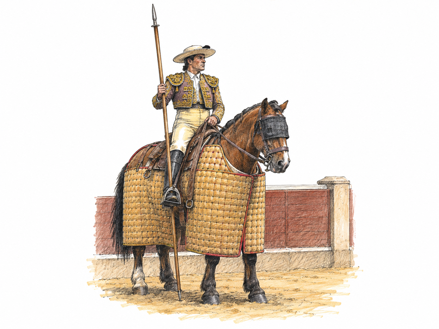 A Spanish picador sits mounted on a sturdy horse wearing protective padded caparison, holding a long bullfighting lance upright before entering the arena; traditional broad hat and embroidered short jacket, small plain arena barrier cue.