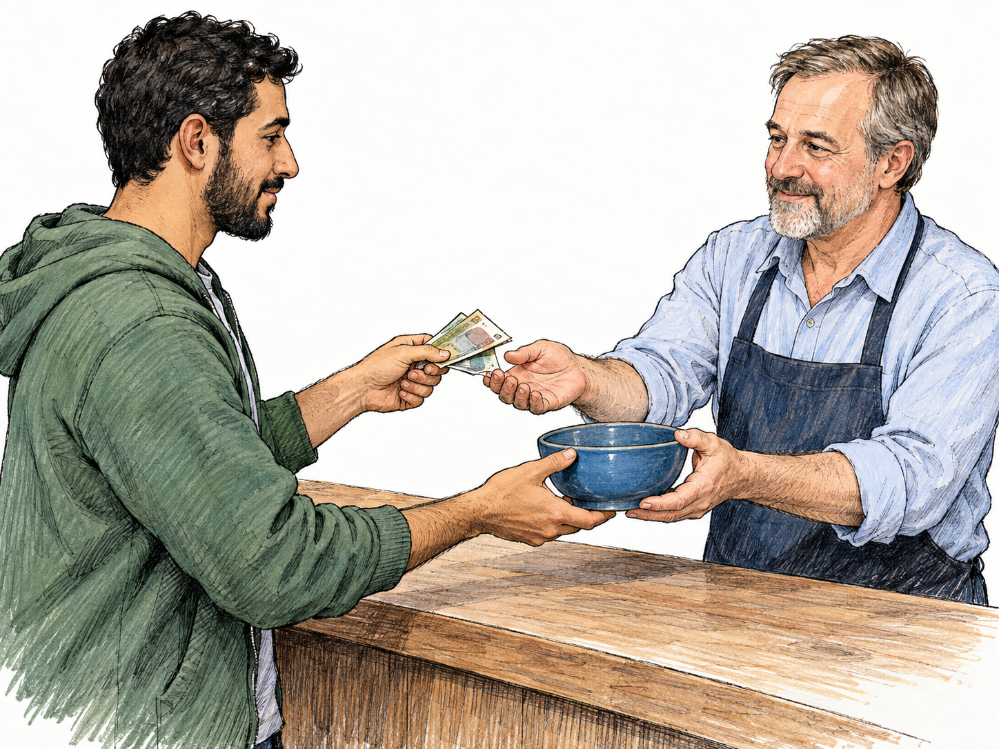 A purchaser pays for a plain ceramic bowl at a shop counter: the buyer hands cash to the seller while receiving the bowl, making the exchange of money for goods immediately visible.