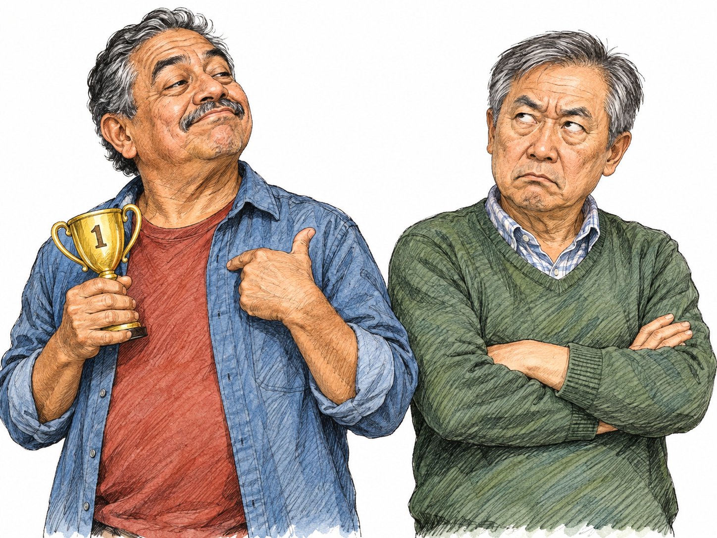 An older man ostentatiously admires his small first-place trophy, chin raised and lips curled into a self-satisfied smirk, while his companion visibly rolls his eyes at the display.