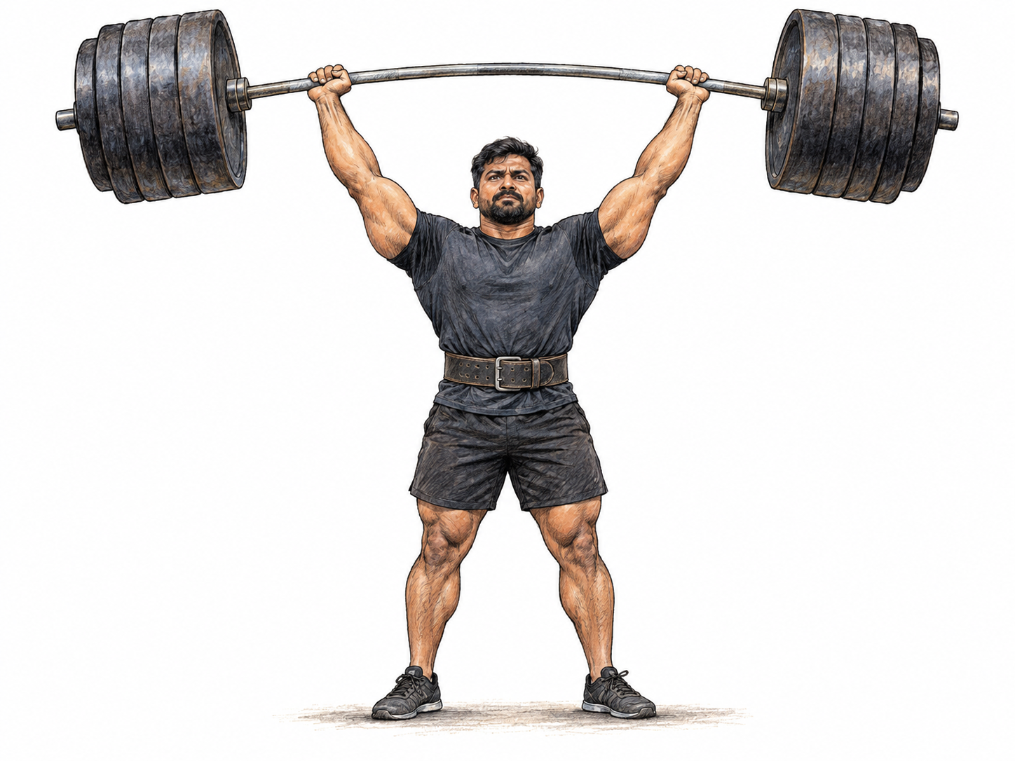 An exceptionally powerful man holds an immensely loaded strongman barbell overhead, making extraordinary physical strength visible without invoking a costumed superhero.