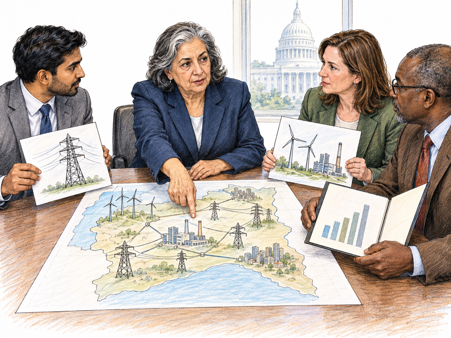 A national energy-policy czar exercises centralized authority at a government briefing: several sector representatives bring their proposals to one senior official, who selects a unified energy plan.