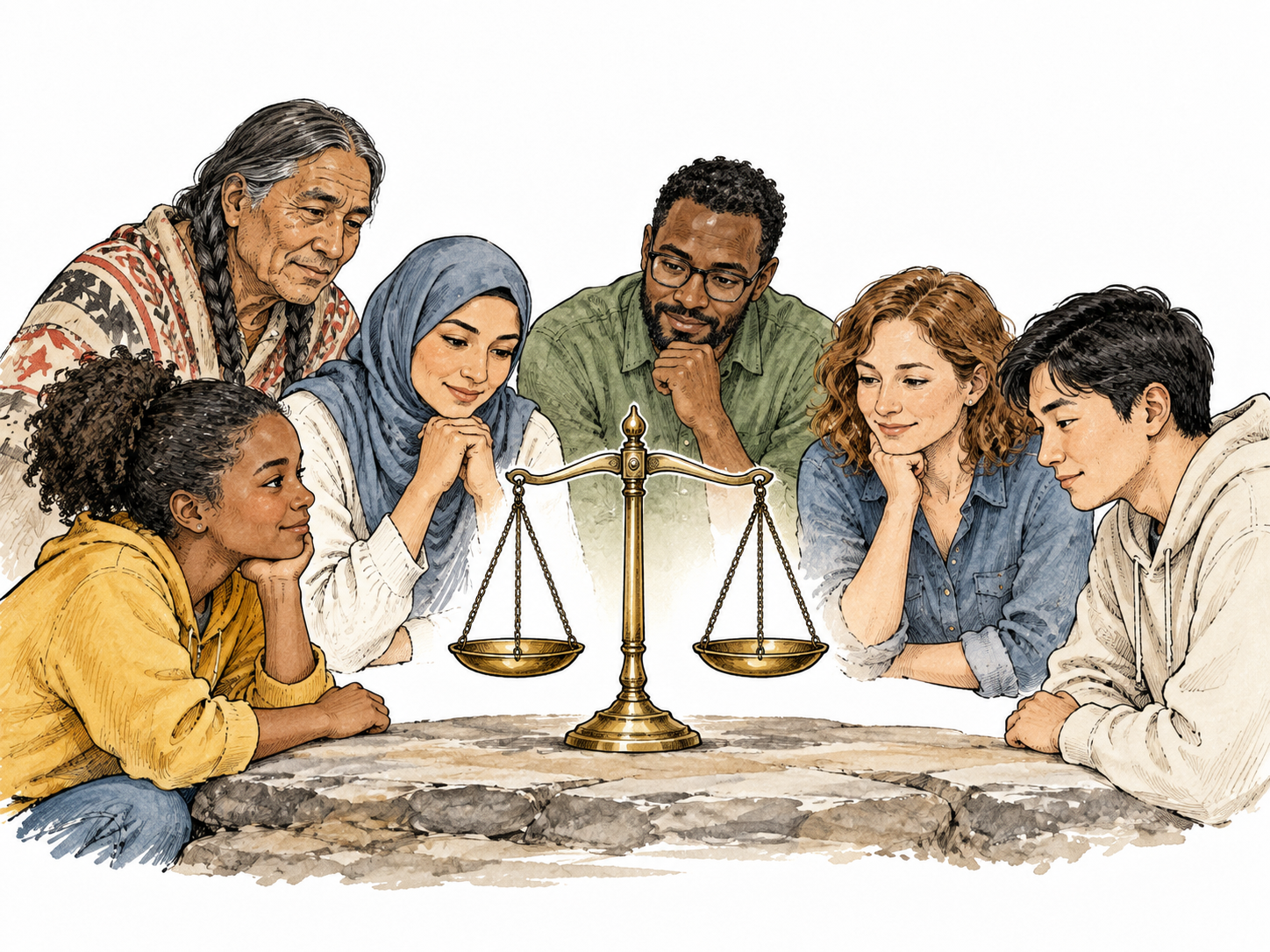 A diverse community group gathers around a balanced scale symbol representing their shared belief in fairness.