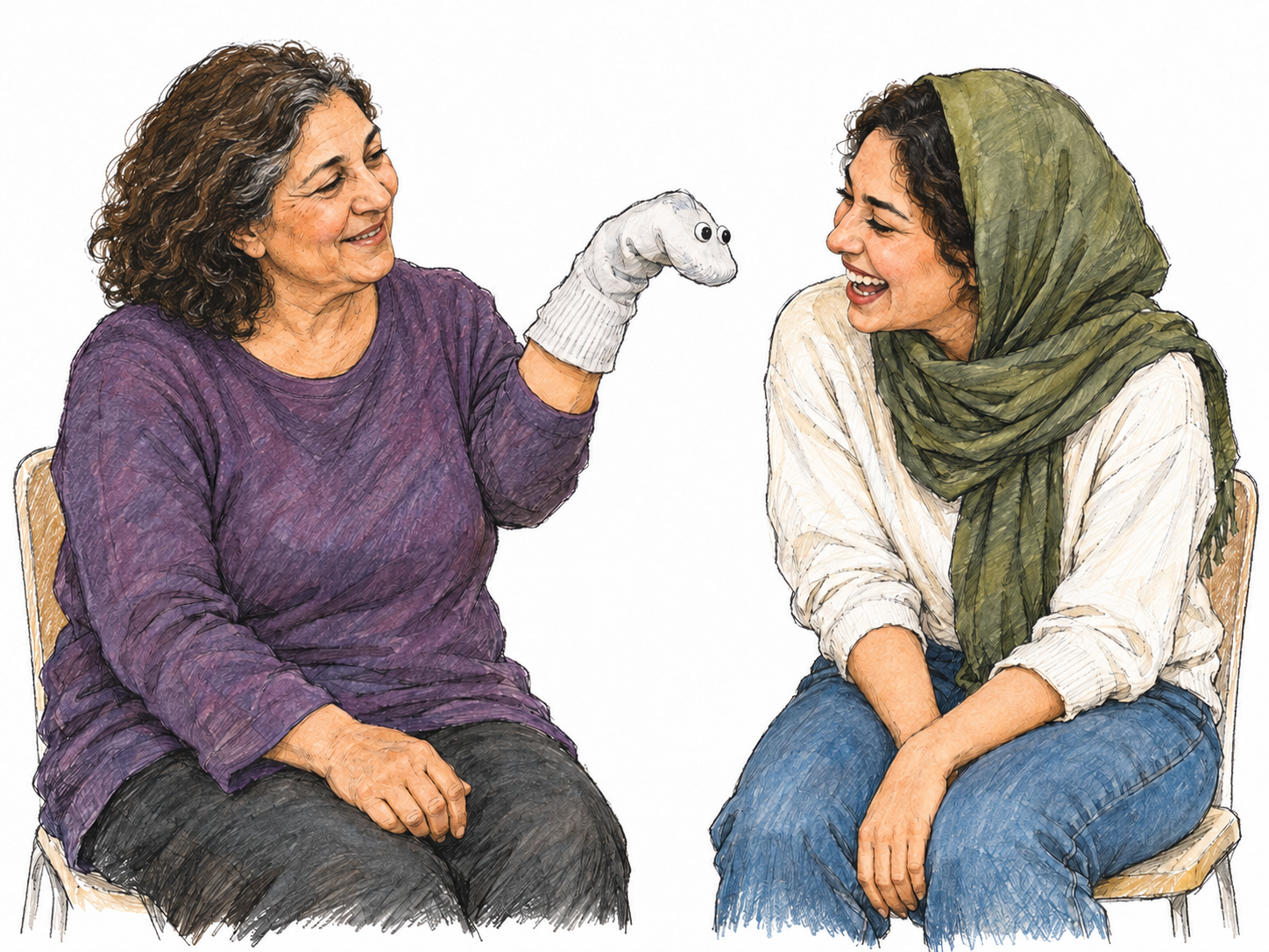 An older woman entertains a younger woman by making a plain sock puppet bow; the younger woman laughs openly at the playful performance.