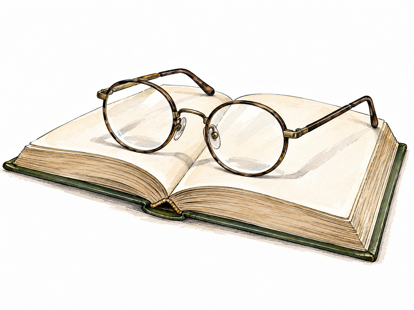 A pair of simple round prescription eyeglasses resting on an open book, no legible text.